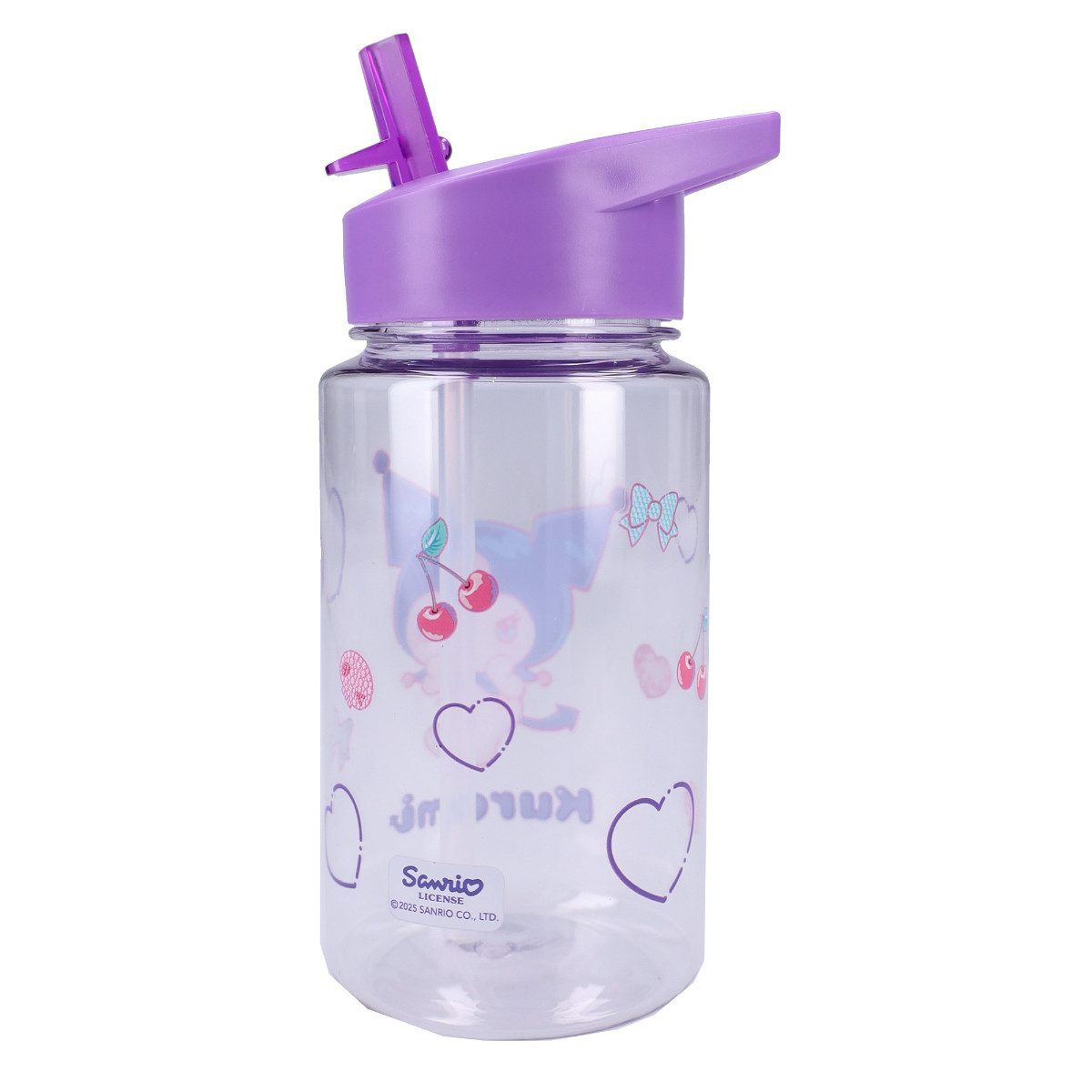 Hello Kitty Trinkflasche Kuromi 450 ml transparent mit Klappdeckel und Strohhalm