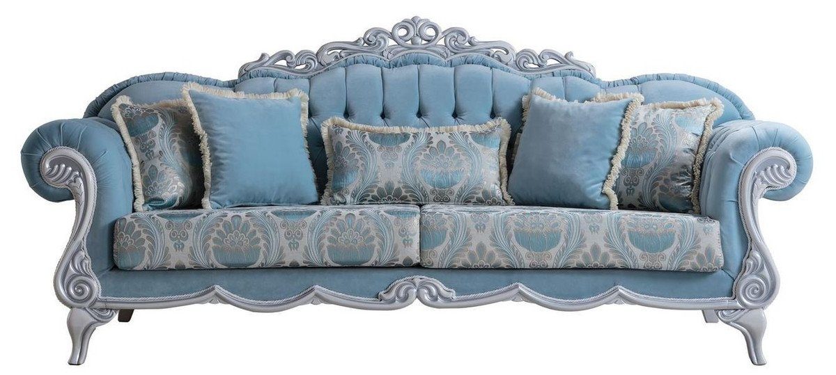 Casa Padrino Sofa Luxus Barock Wohnzimmer Sofa mit dekorativen Kissen Hellblau / Grau 237 x 90 x H. 105 cm - Barock Möbel - Edel & Prunkvoll