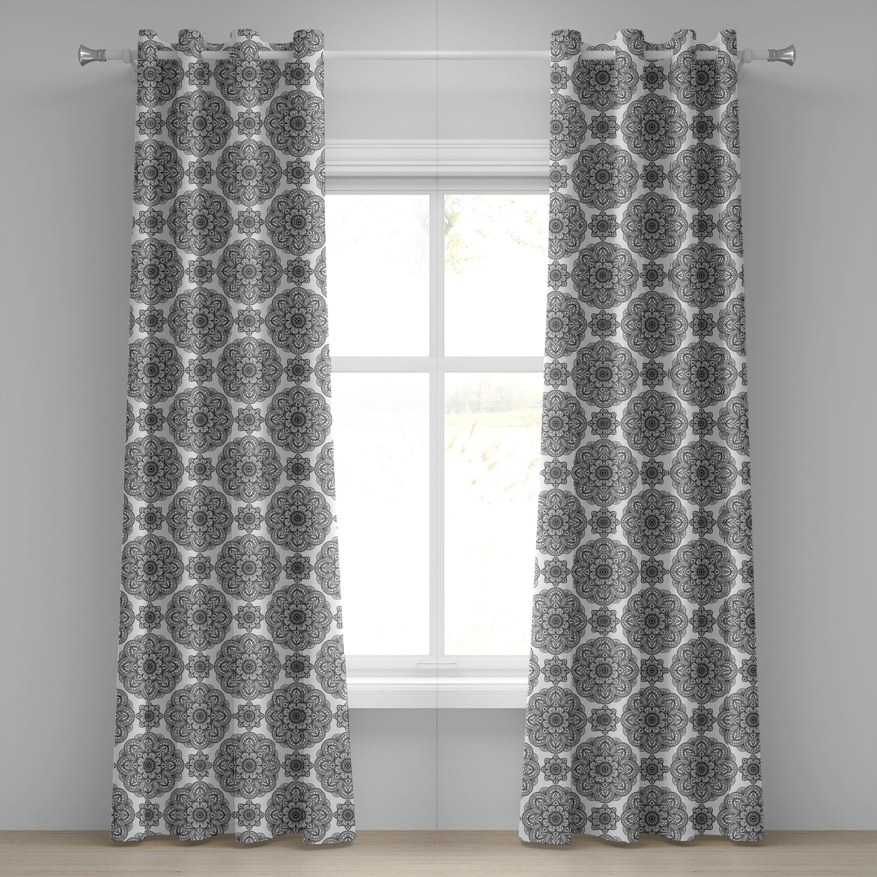 Gardine Dekorative 2-Panel-Fenstervorhänge für Schlafzimmer Wohnzimmer, Abakuhaus, Schwarz Aufwändige Mandala Patterns