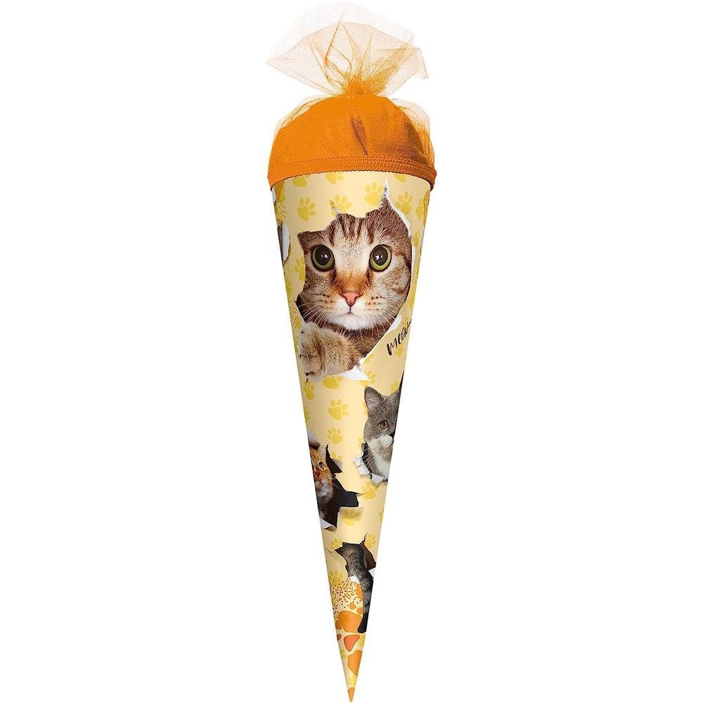 Roth Schultüte Katzenparty, 50 cm, rund, orangefarbiger Tüllverschluss, Zuckertüte für Schulanfang