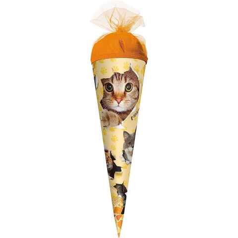 Roth Schultüte Katzenparty, 22 cm, rund, orangefarbiger Tüllverschluss, Zuckertüte für Schulanfang