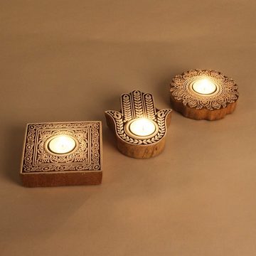 Casa Moro Teelichthalter Orientalische Teelichthalter Sahra aus Echtholz handgeschnitzt (3er Set, 3 St., Ramadan Eid Tisch Wohn Deko), Handbemalt