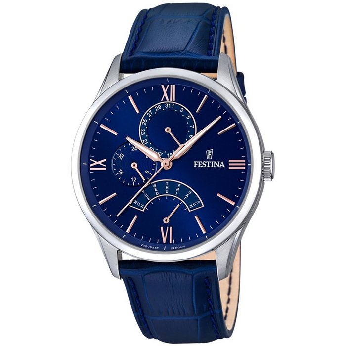 Festina Multifunktionsuhr Festina Herren Uhr F16823/3 Lederband (Armbanduhr) Herren Armbanduhr rund Lederarmband blau