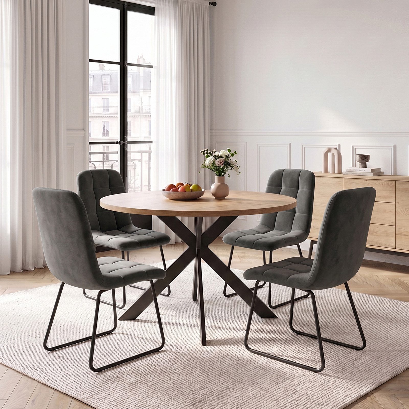 Jiexi Essgruppe Essgruppe Runder Esstisch 110cm MDF Holzoptik Flanell Stühle Set
