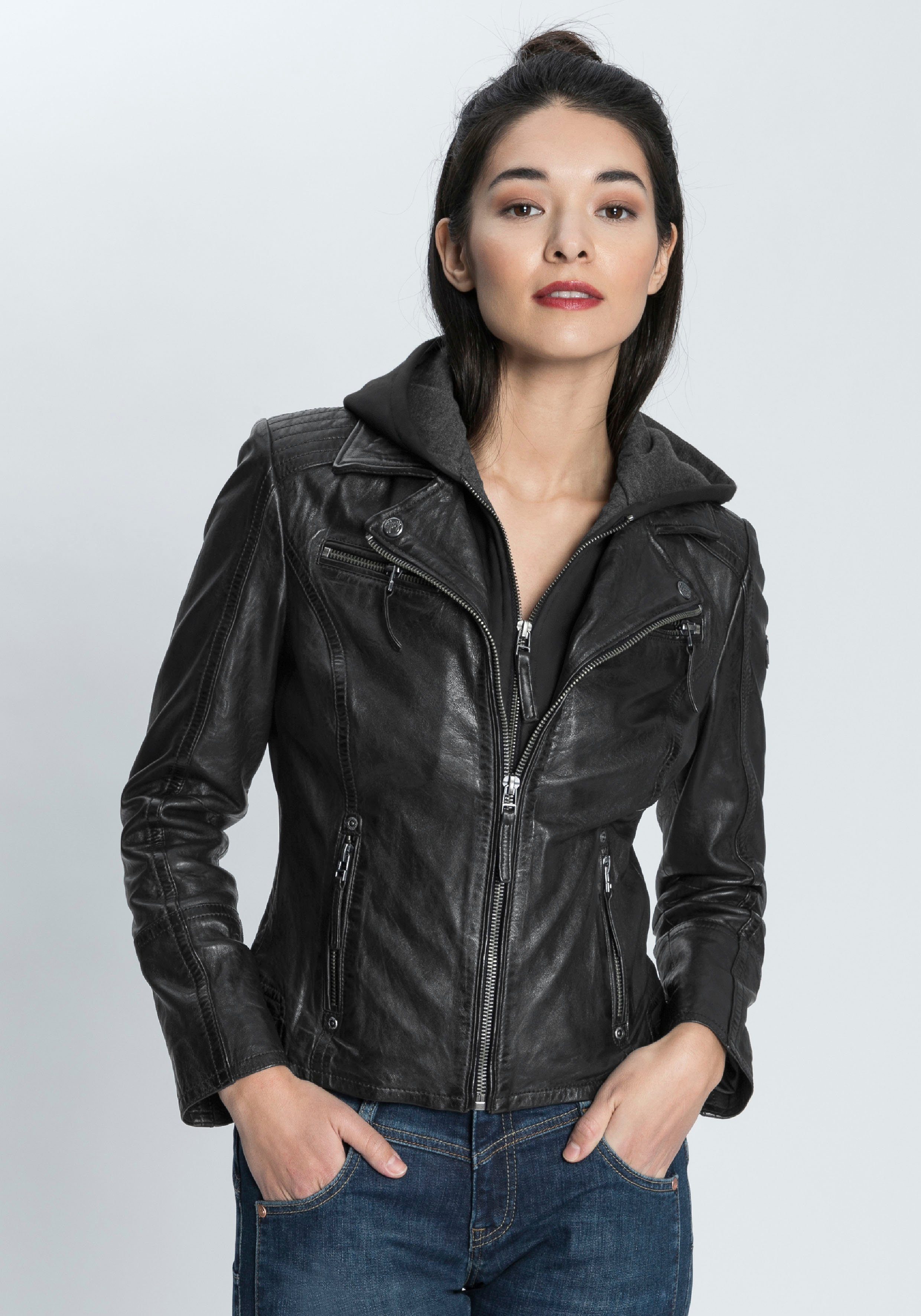 Gipsy Lederjacke Nola2 coole Biker mit Turndown Kragen & herausnehmbarem  Kapuzen-Inlay