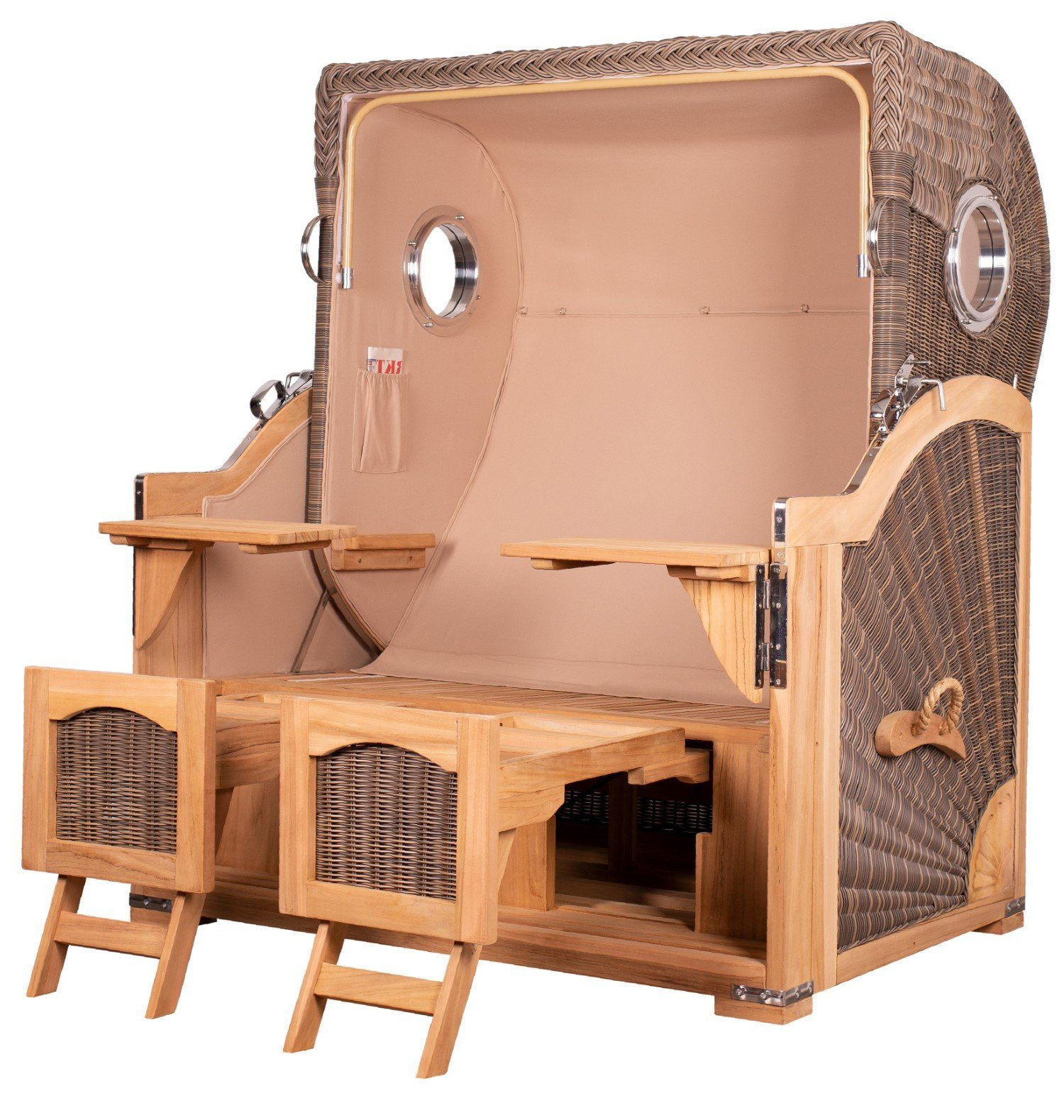 bene living Strandkorb Ammersee Grande XL Teak - PE grau - Modell 513, BxTxH: 142x95x165 cm, Volllieger ca. 175 Grad, Ostsee-Strandkorb Komplettset, inkl. Liftersystem und Bullaugen