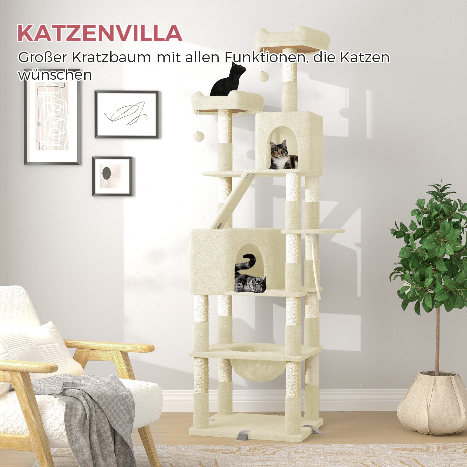 Dogat Kratzbaum Kratzbaum, Katzenbaum für große Katzen, mit Kletterturm 208cm, mehrstöckiger Katzenbaum, 208cm Höhe, XXL, mit Höhlen und Liegemulden