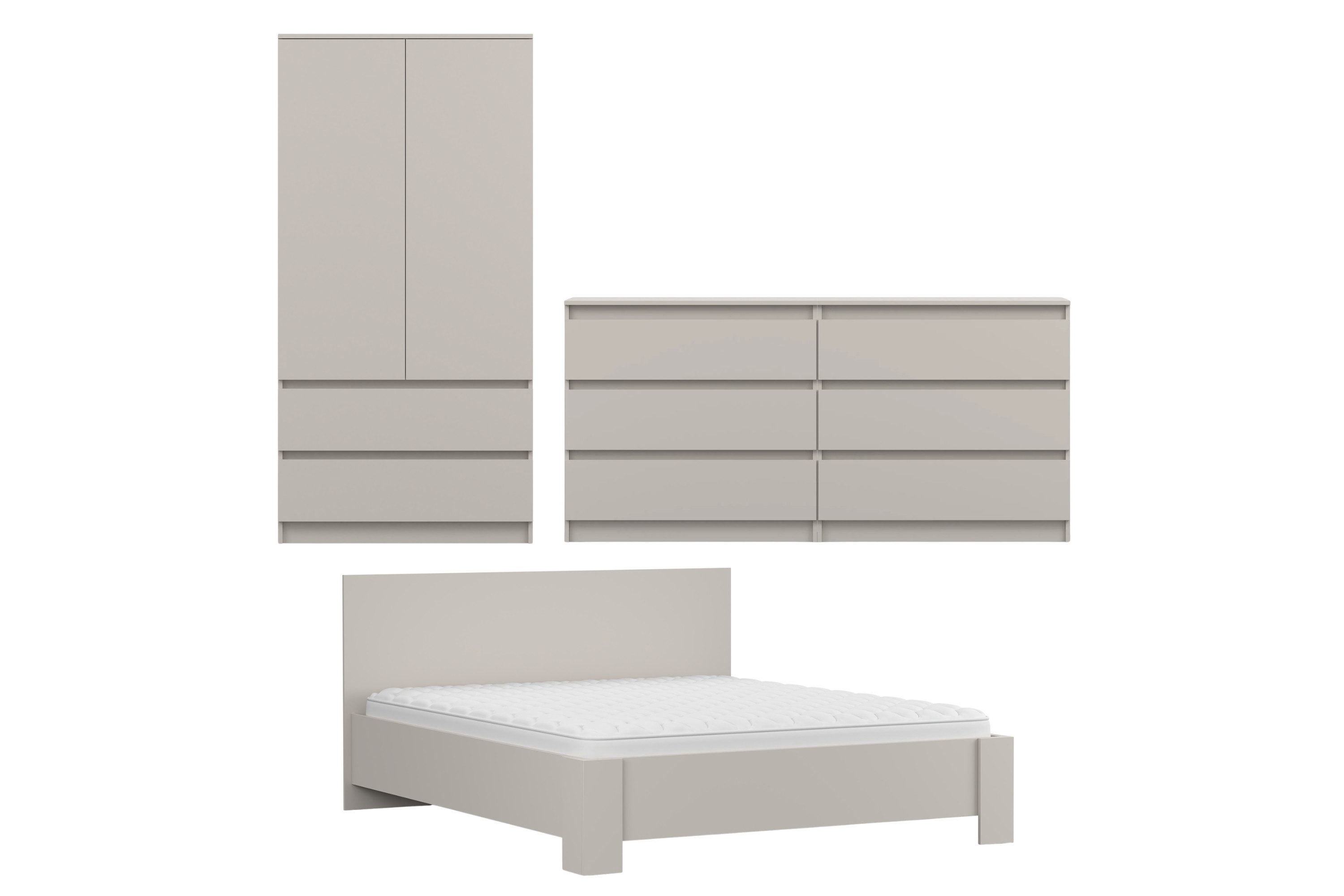 Deine Möbel 24 Schlafzimmer-Set SIMO H in Weiß oder Kaschmir, SIMO - Kollektion, (Set, 3-tlg., viel Stauraum), Doppelbett 160x200, Kleiderschrank 2-türig & Kommode