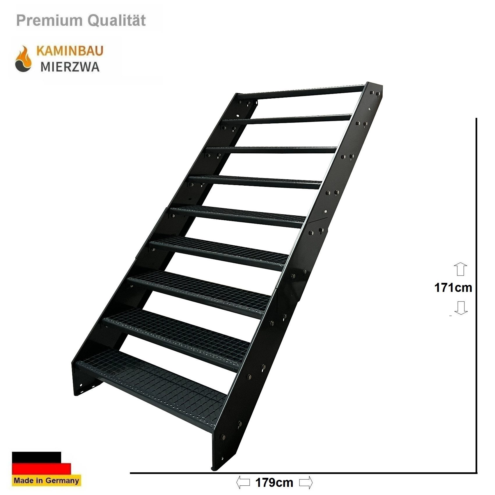 Kaminbau Mierzwa Außentreppe Stahltreppe 9 Stufen Anthrazit mit und ohne Geländer Höhe 171 cm, für Geschosshöhen bis 171 cm, Stufen Gitterroststufen nach DIN 24531, (Stufenbreite und Geländerart wählbar)