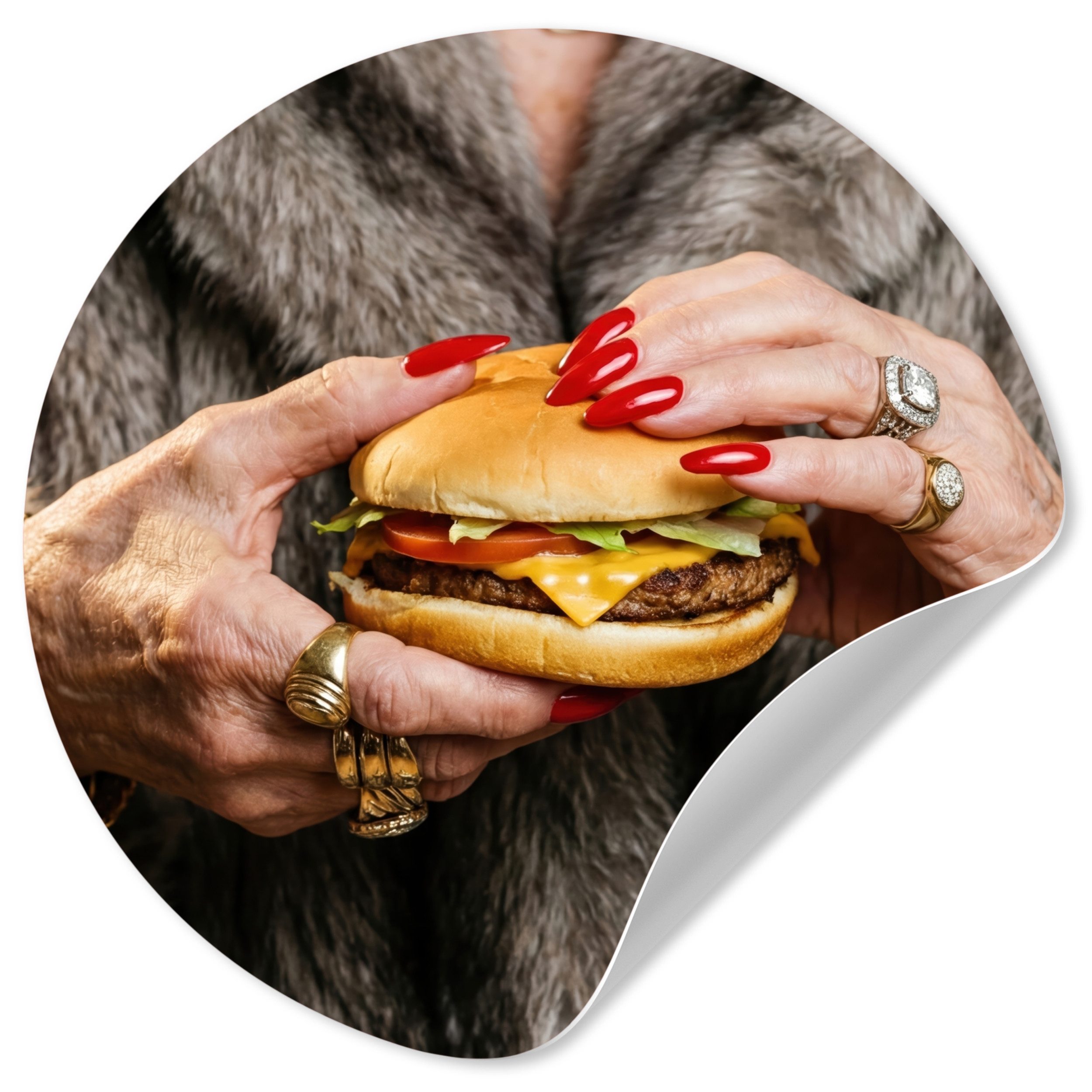 MuchoWow Wandsticker Frau - Hamburger - Pelzmantel (1 St), Runde Aufkleber für Kinderzimmer, Selbstklebend, 120x120 cm