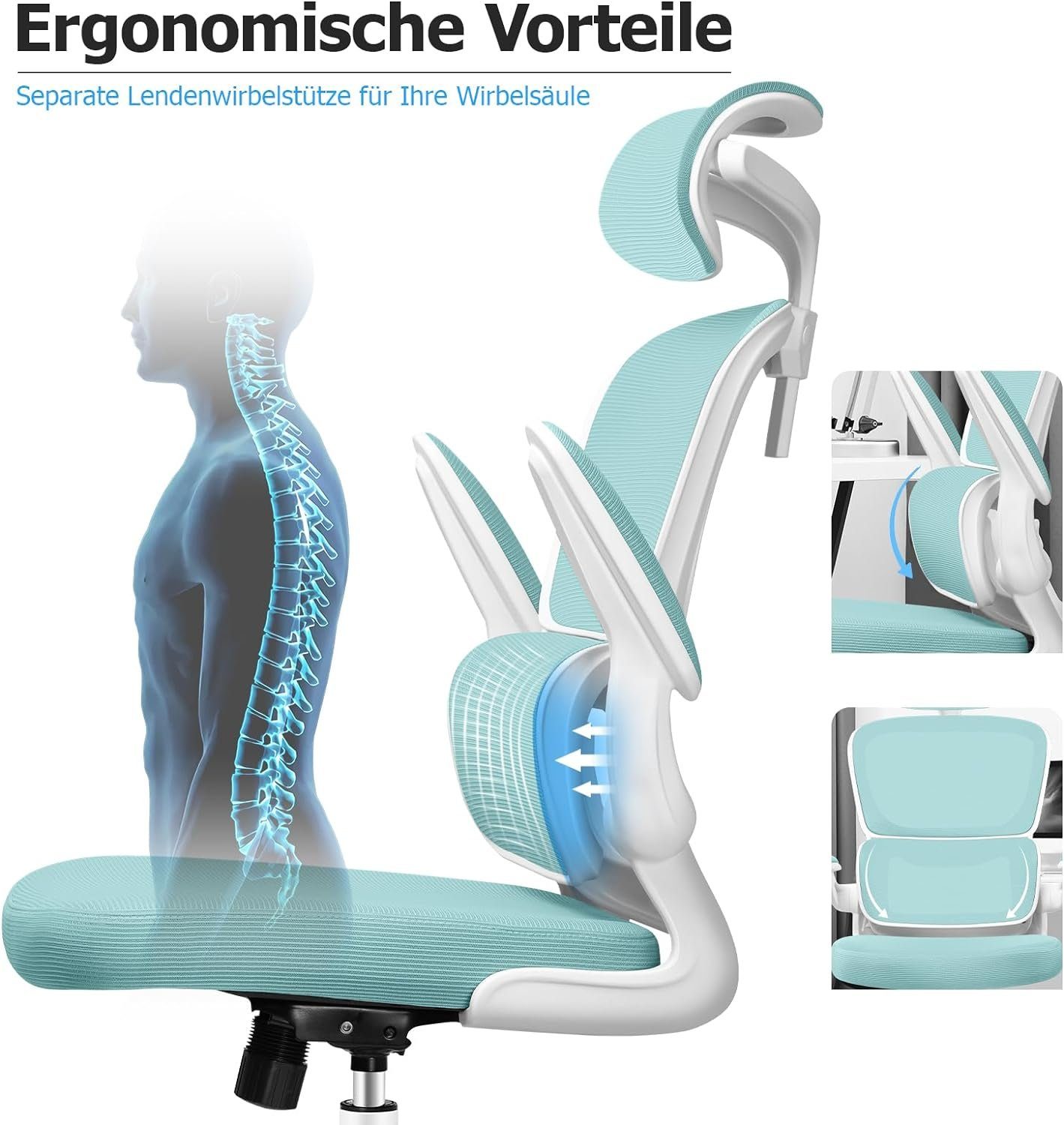 Razzor Bürostuhl (Computerstuhl mit Hochklappbaren Neigungsfunktion 90°-135° Schreibtischstuhl mit Ergonomisch, Netz Armlehnen), aus