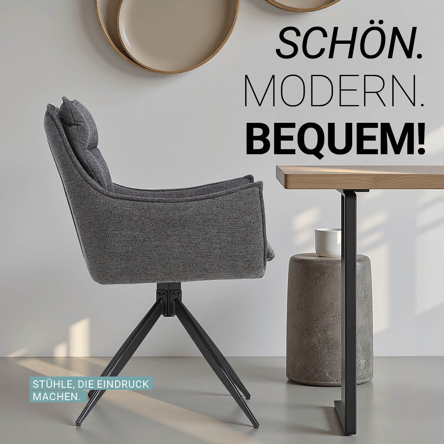 Homestyle4u Armlehnstuhl Esszimmerstuhl Drehbar 360° Grau Metallgestell Esstisch Küche (2 St), gepolstert, drehbar, Metallfuß, weicher Bezug