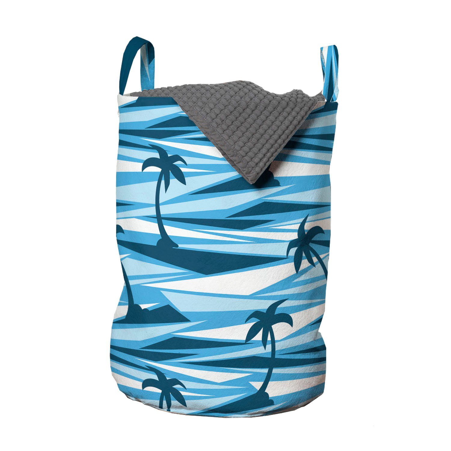 Abakuhaus Wäschesäckchen Wäschekorb mit Griffen Kordelzugverschluss für Waschsalons, Insel Blau Monochrom Palm und Meer
