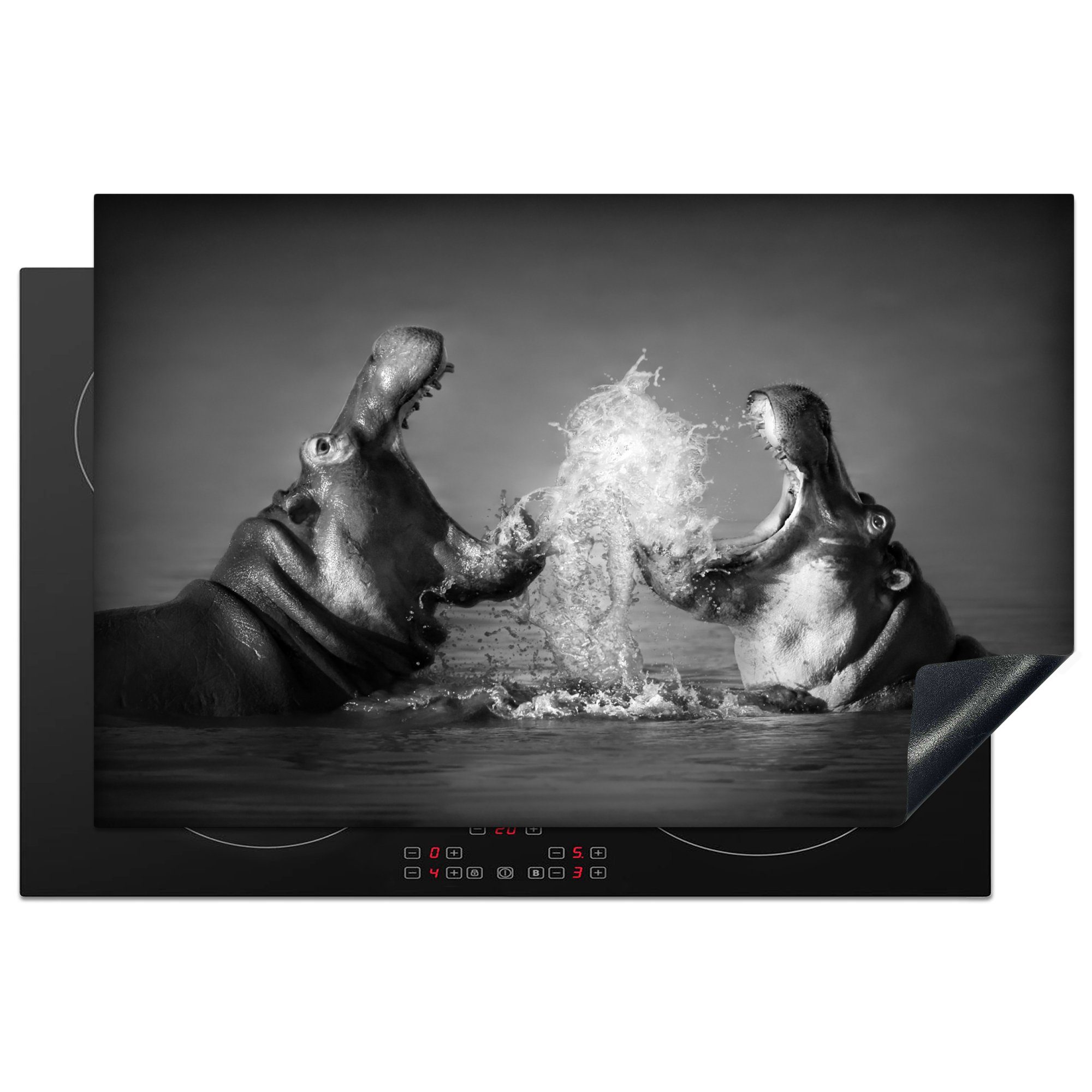 MuchoWow Herdblende-/Abdeckplatte Tiere - Nilpferd - Wasser - Schwarz - Weiß, Vinyl, (1 tlg), 81x52 cm, Ceranfeldabdeckung, Arbeitsplatte für küche