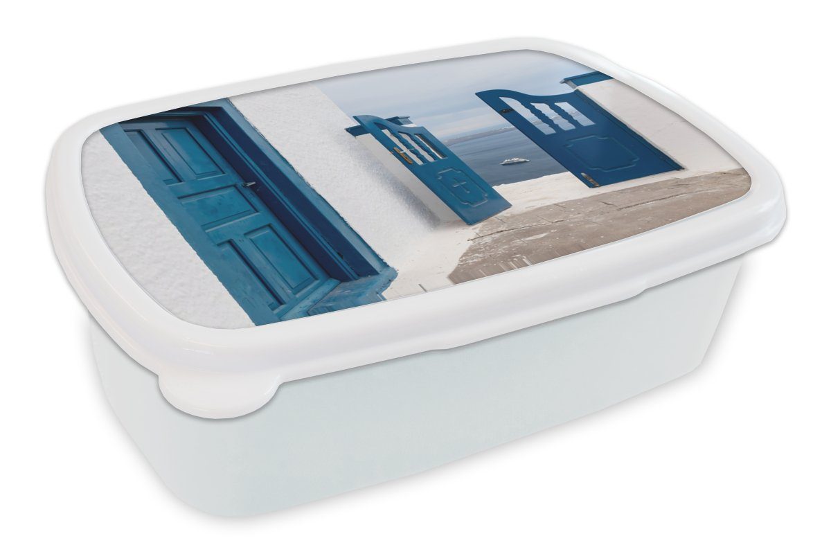 MuchoWow Lunchbox Tür - Blau - Weiß - Architektur, Kunststoff, (2-tlg), Brotbox für Kinder und Erwachsene, Brotdose, für Jungs und Mädchen