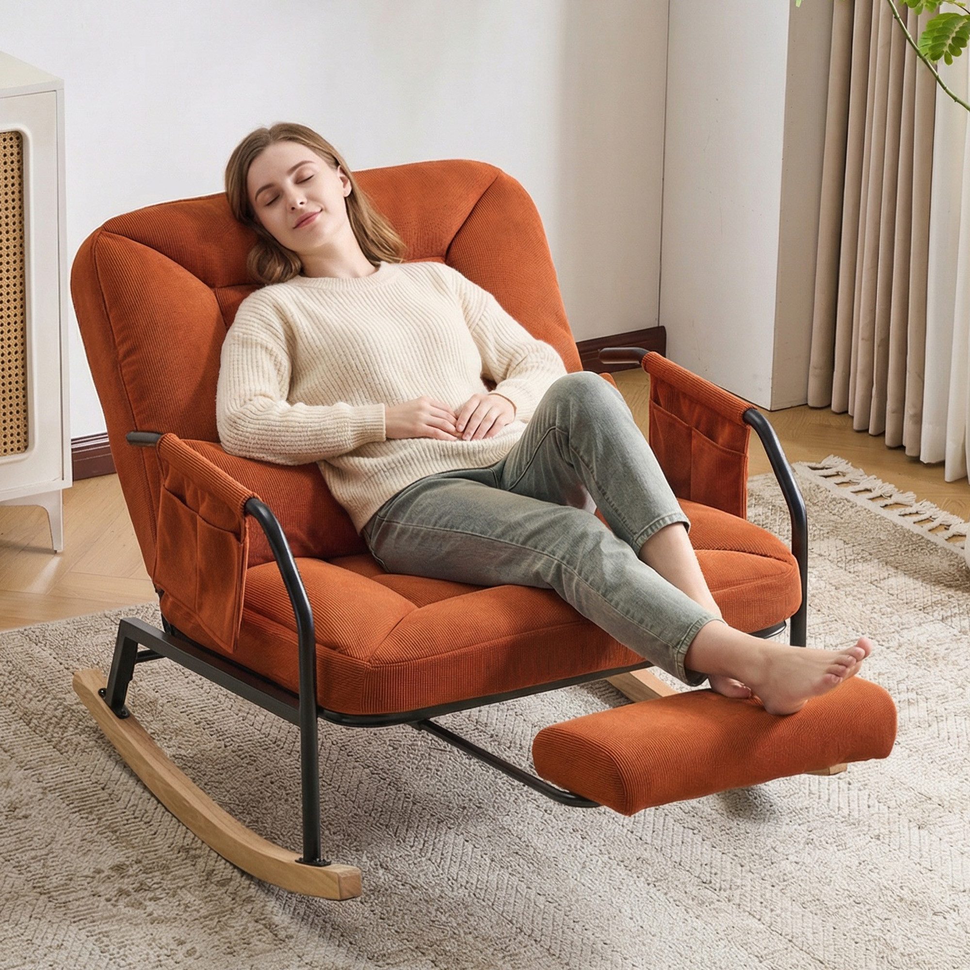 CANMOV Relaxsessel Schaukelstuhl mit ausziehbarer Fußstütze, Ergonomischer Schaukelsitz, mit Kissen und Fußstützung, verstellbare Rückenlehne 100°–160°