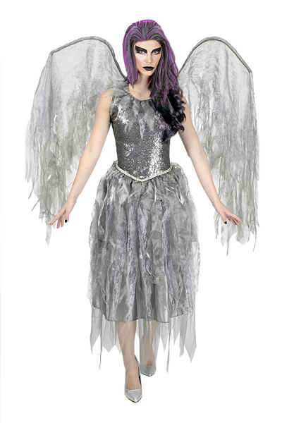 Karneval-Klamotten Kostüm Horror Engel Damenkostüm Totesengel, Graues Engel Kleid Halloween Frauenkostüm mit Flügeln