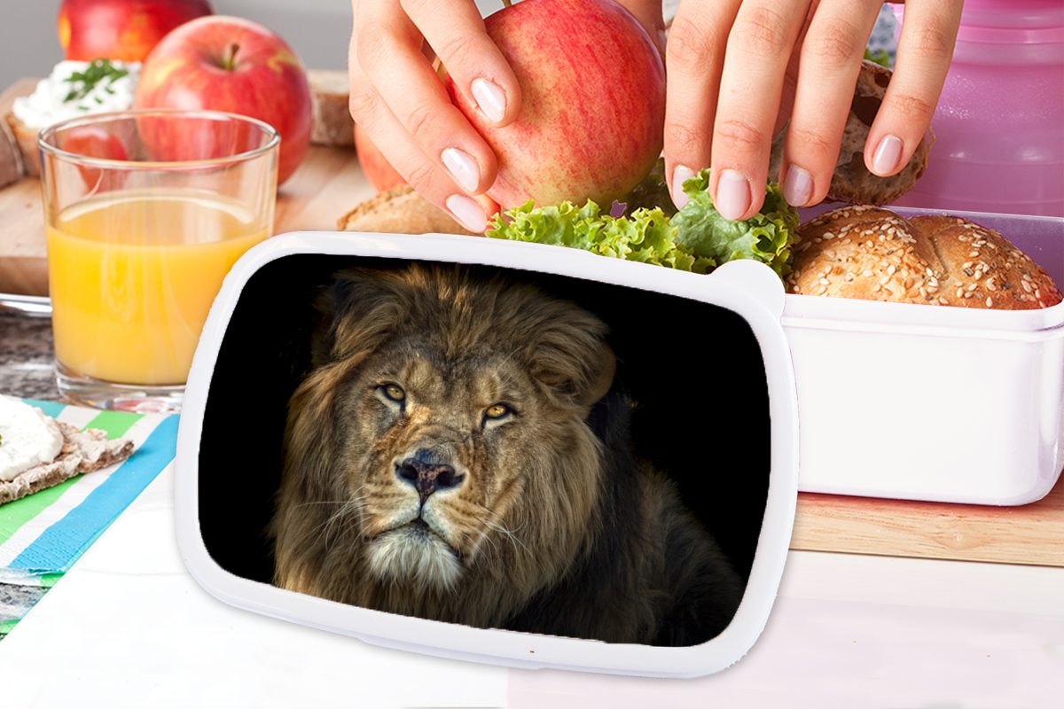 MuchoWow Lunchbox Schwarz - Löwe Jungs Kinder und Brotdose, (2-tlg), für und Erwachsene, Wilde Tiere, Kunststoff, weiß Brotbox Mädchen - für