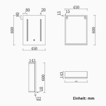 duschspa Badezimmerspiegelschrank 45-80 cm LED Spiegelschrank Touch Schalter, Beschlagfrei, Kaltweiß Rasiersteckdose, Aluminium