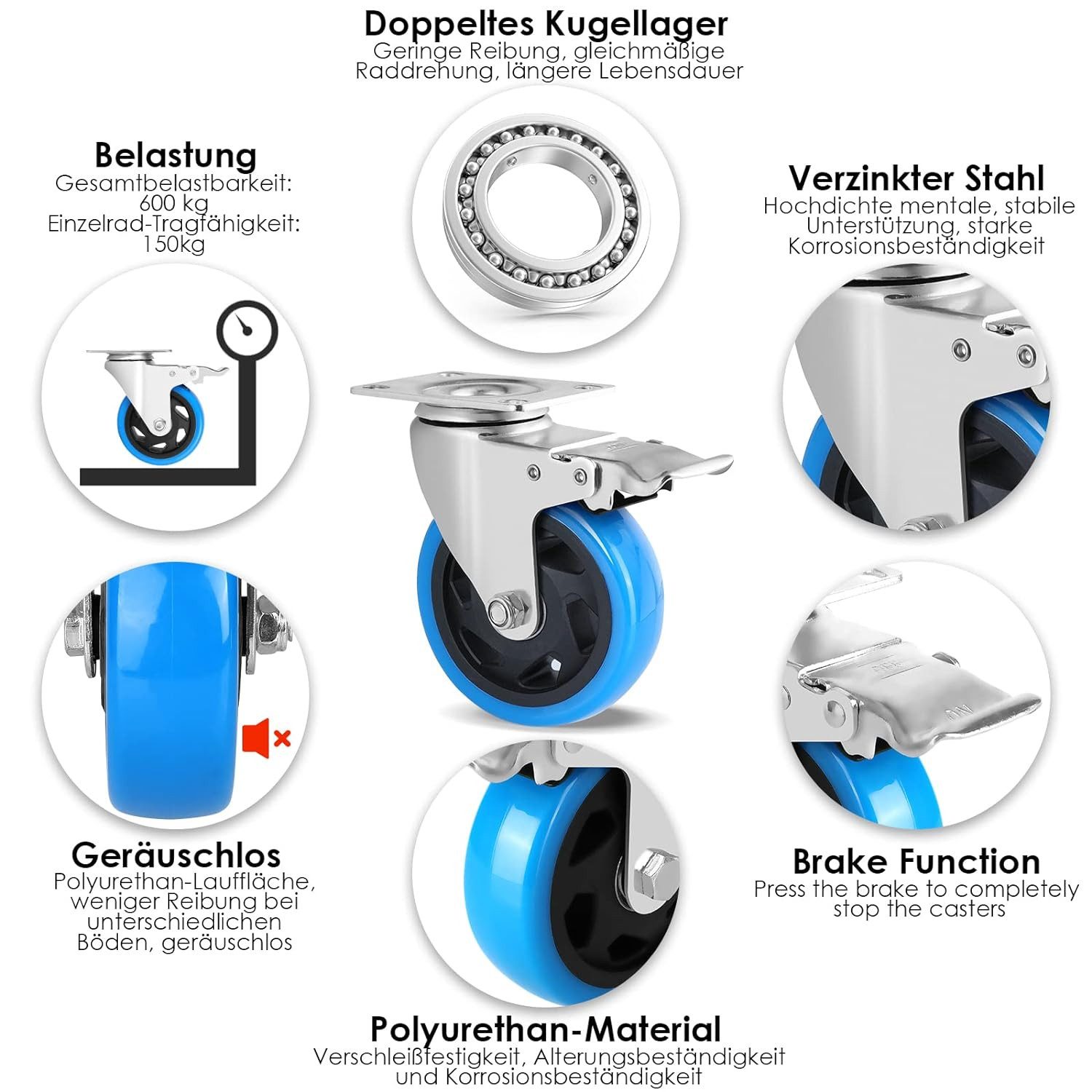TLGREEN Lenkrolle 4er set Lenkrollen 100mm mit Bremse, (Schwerlastrollen Tragkraft 600 kg, keine Spuren & Leise Rollen für Möbel), Transportrollen für Werkzeugt – Bild 3 von 5