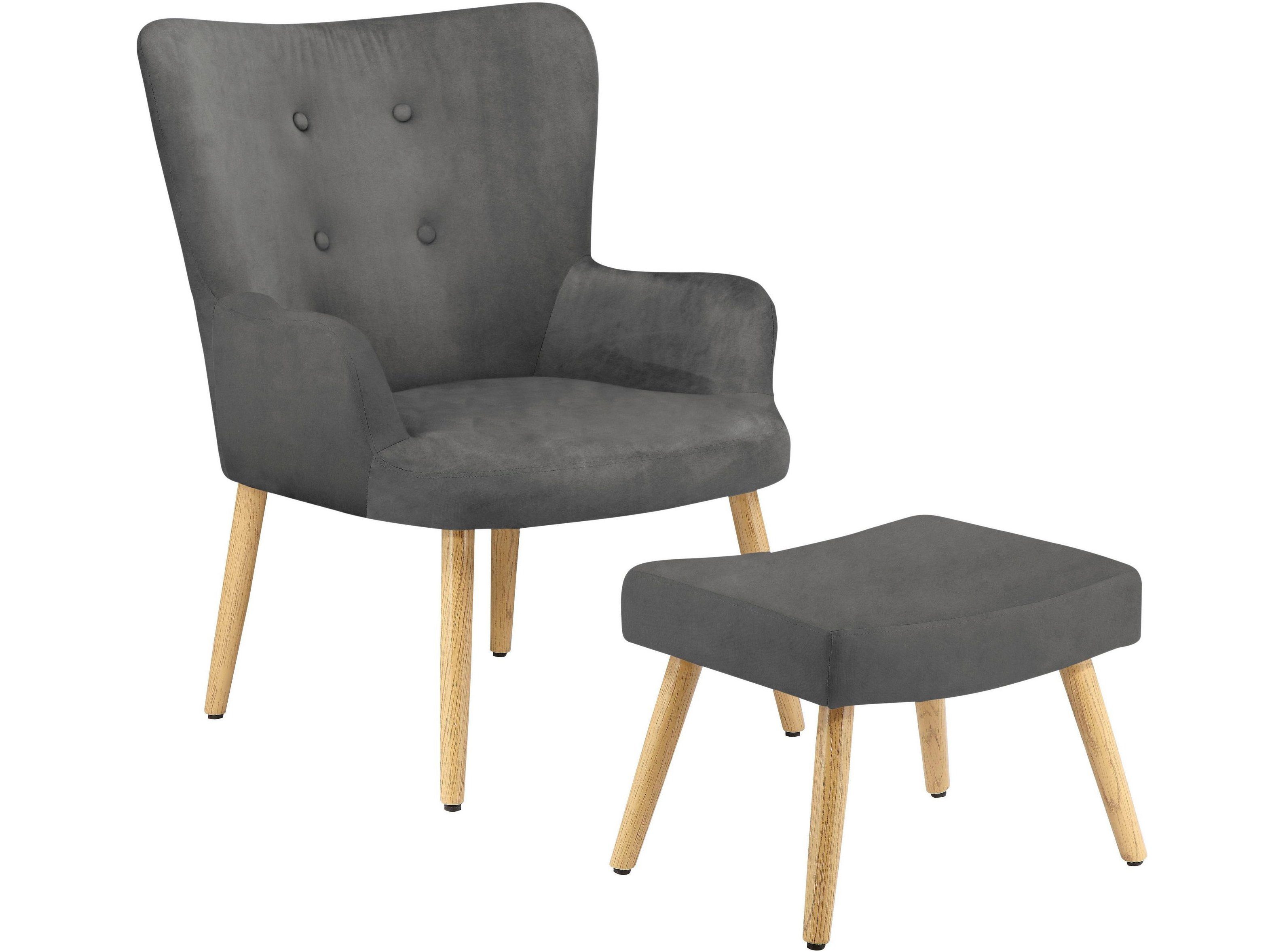 loft24 Sessel Cora (2-tlg. Set, Sessel mit Hocker), mit Knopfheftung, Relaxsessel mit Fußhocker, Samtbezug, Holzbeine