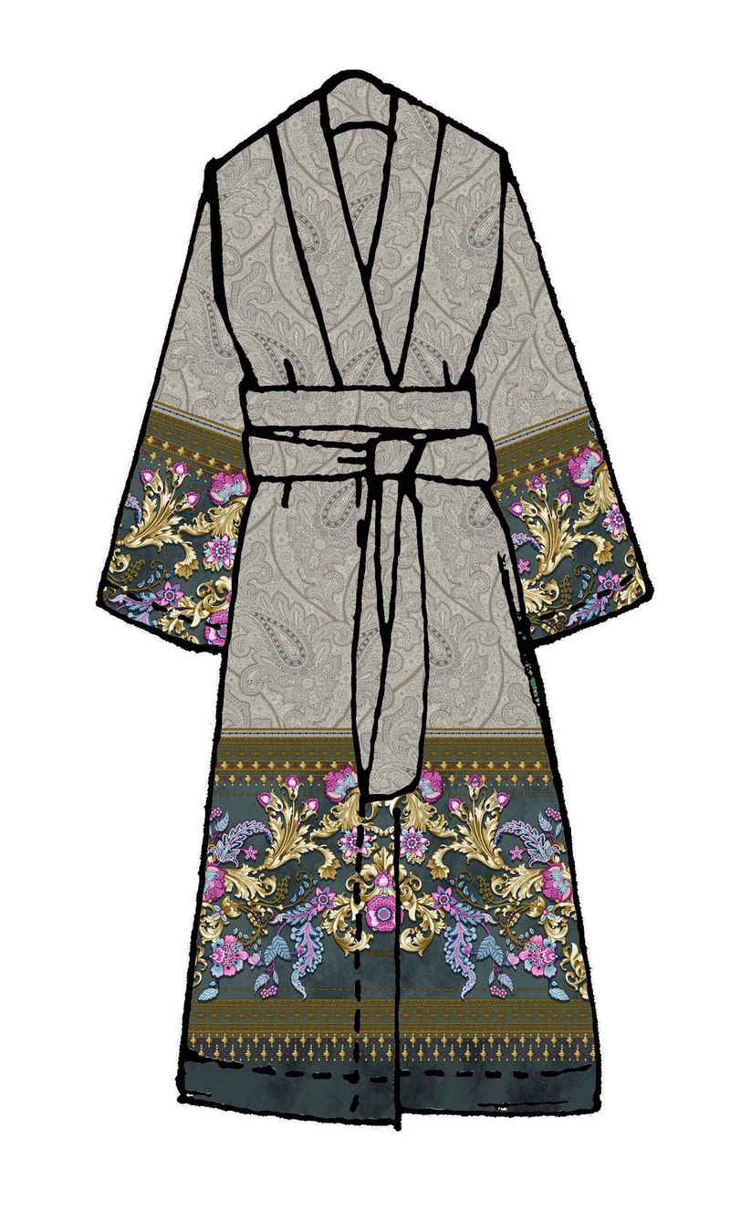 Bassetti Kimono TUSCANIA, wadenlang, Baumwolle, Gürtel, mit einem Muster aus ornamentalen Goldelementen