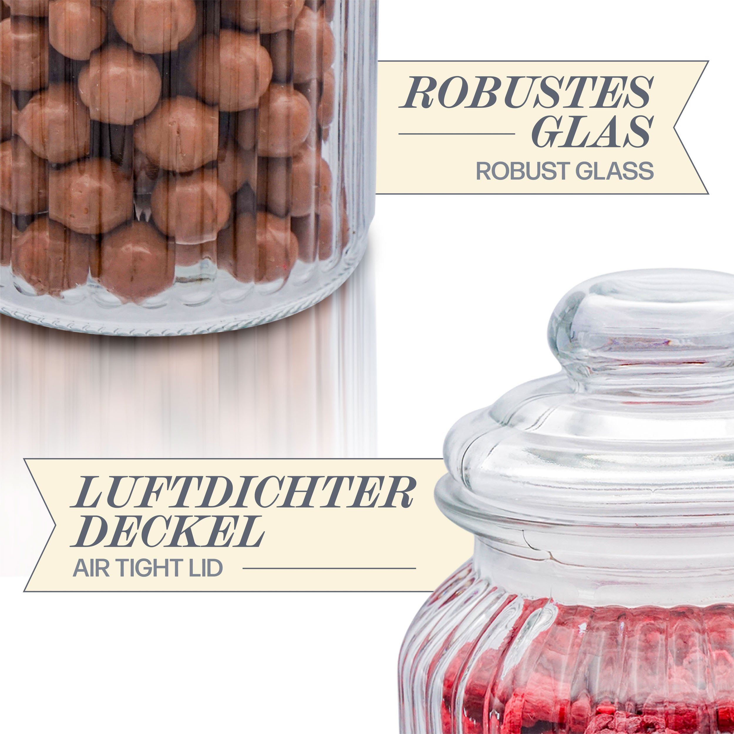 Gläser - Bonbonglas mit 4-tlg), 1,2L Vorratsglas Luftdicht (Set, Glas, Bar mit Etiketten Deckel Praknu Groß, 4 Candy
