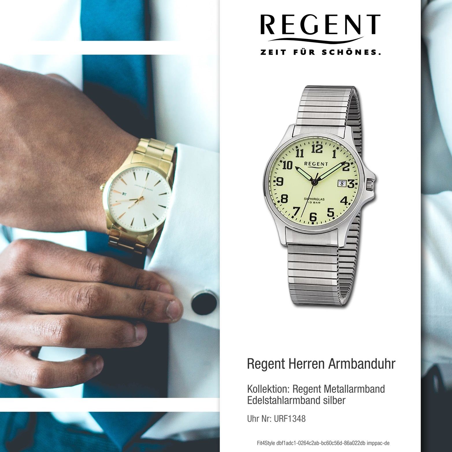Regent Quarzuhr Regent Herren Edelstahlarmband groß silber, Armbanduhr Herrenuhr Gehäuse, rundes 36mm) (ca. Analog