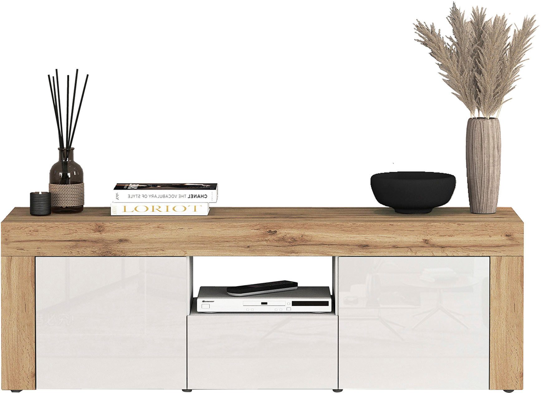 OTTO home Lowboard CHRONOS Breite 155 cm mit 2 Türen, 1 Schublade,1 offenes Fach (1 St), TV-Board, Sideboard niedrig, Grifflos mit Push to Open 'Made in Italy'