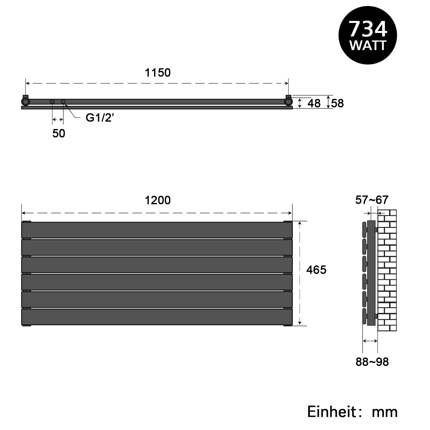 SONNI Heizkörper Heizkörper Wasserbeheizte Heizkörper,Breite 1200mm,Schwarz und Weiß