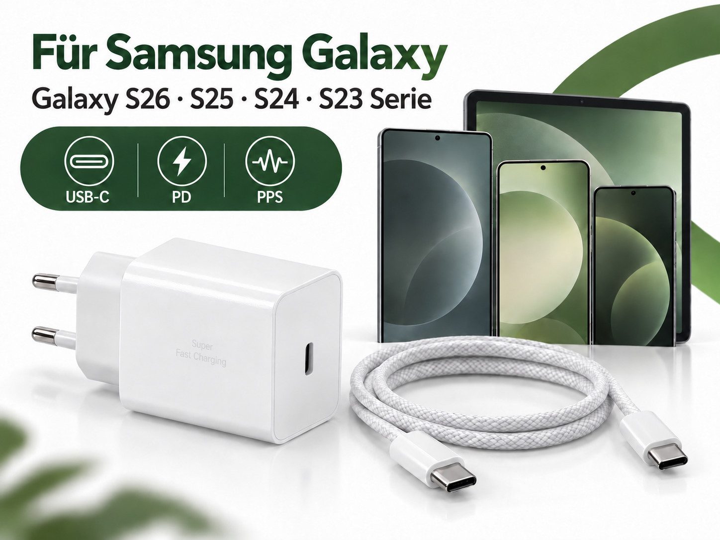 Ventarent 45W USB-C Ladeset mit Gewebekabel für Samsung Galaxy Smartphone-Ladegerät (3000 mA, Set, 2-tlg., mit USB-C-auf-USB-C-Gewebekabel, 45 W, Power Delivery – Bild 4 von 5