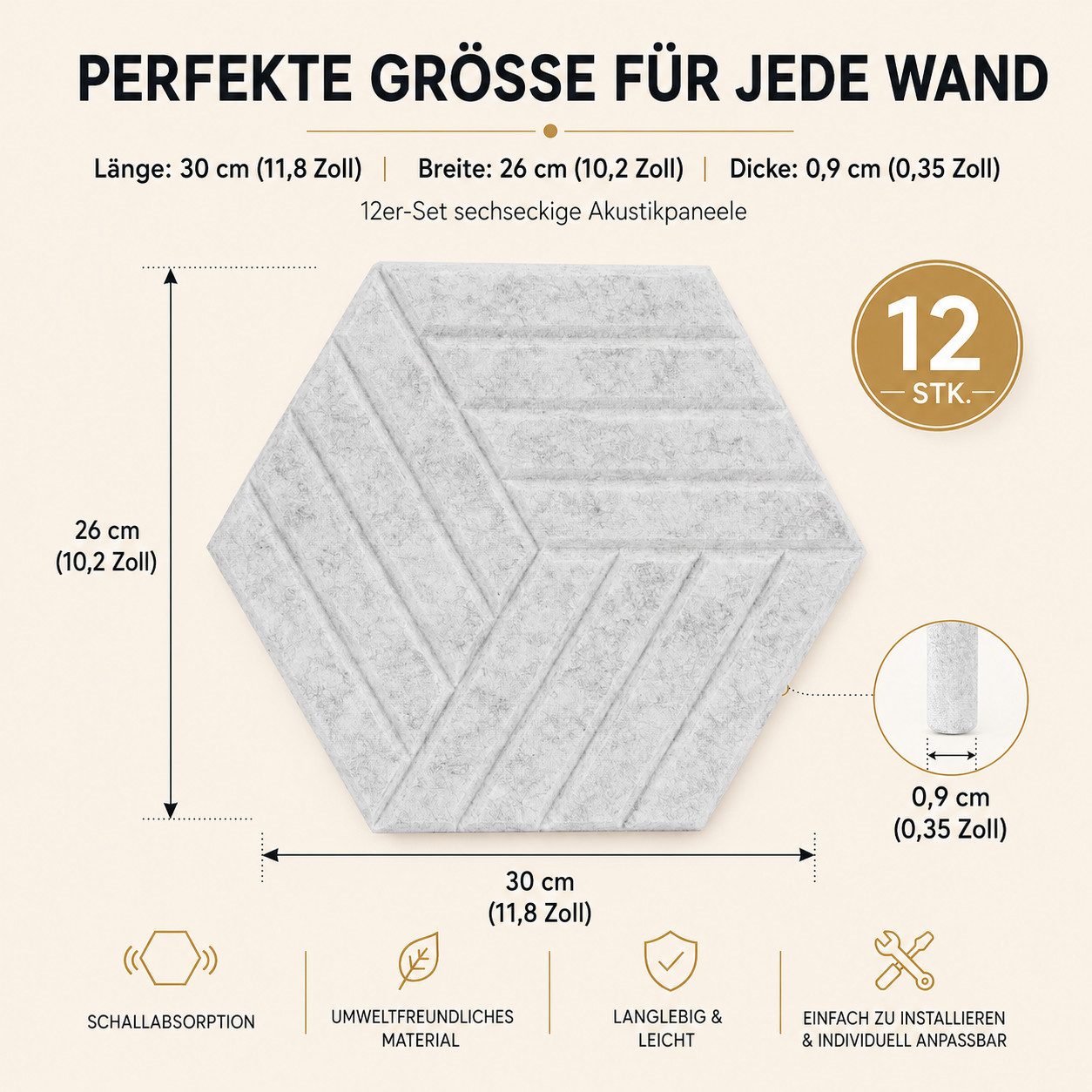 BlingBin Schallschutzpaneel sechseckige Schallschutz Wandpaneele, Akustikpaneele selbstklebend, BxL: 26x30 cm, 0,07 qm, (12er Set, 12-tlg., 300 x 260 mm) 3D Hexagon, Wandpaneele für Studio, Büro und Heimkino