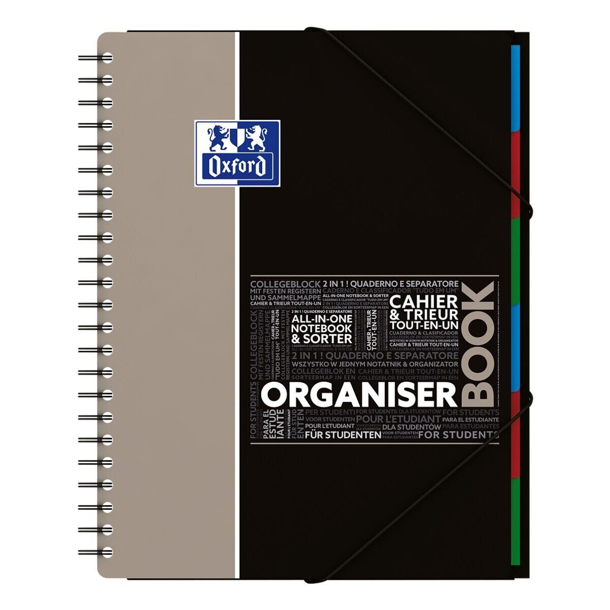 OXFORD Collegeblock Studium Organiserbook, A4+ kariert, 80 Blatt, inkl. 6 Register und Gummizug