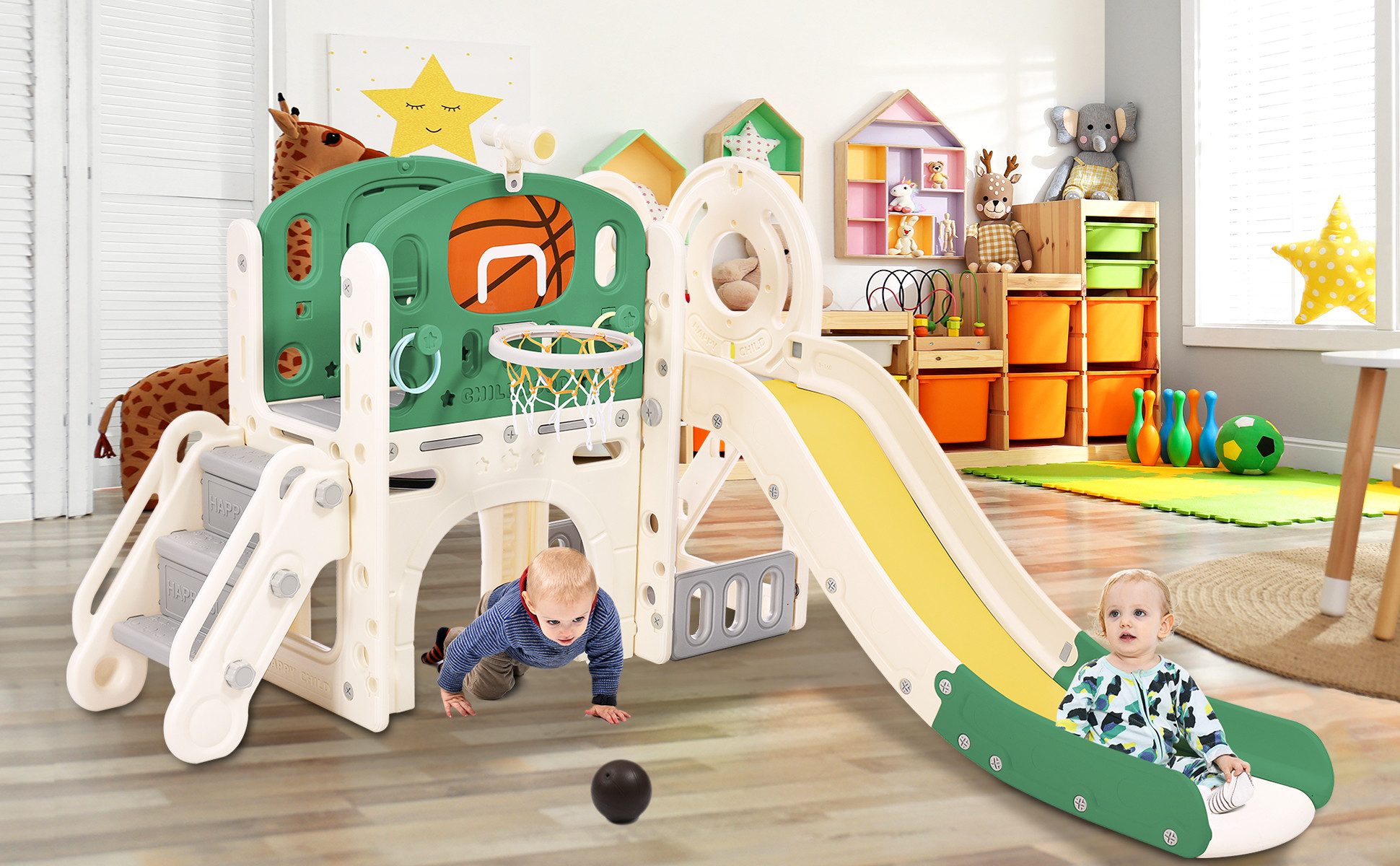 Odikalo Indoor-Rutsche Kombi-Rutsche Aufbewahrungsbox Tunnel Treppenleiter Basketballkorb