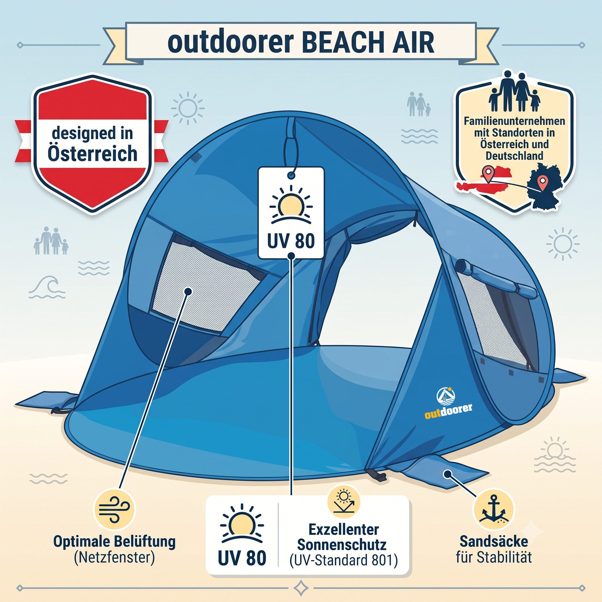 outdoorer Strandmuschel Pop up outdoorer Beach Air, Personen: 4, UV 80, Sonnen- & Windschutz, leicht, Minipackmaß
