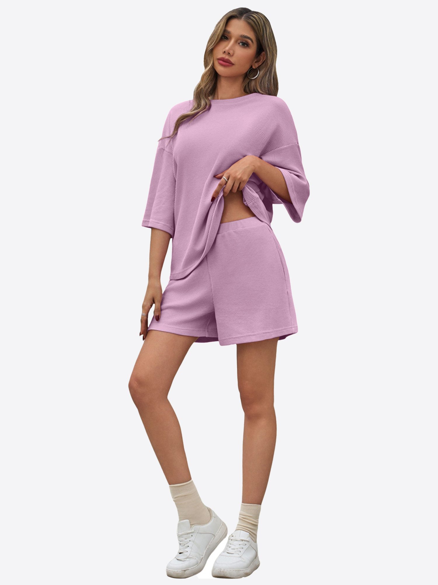 Imily Bela Hausanzug Damen 2-teiliger Freizeitanzug (Set, 2 tlg., 3/4-Arm Bluse + Shorts) in Unifarbe
