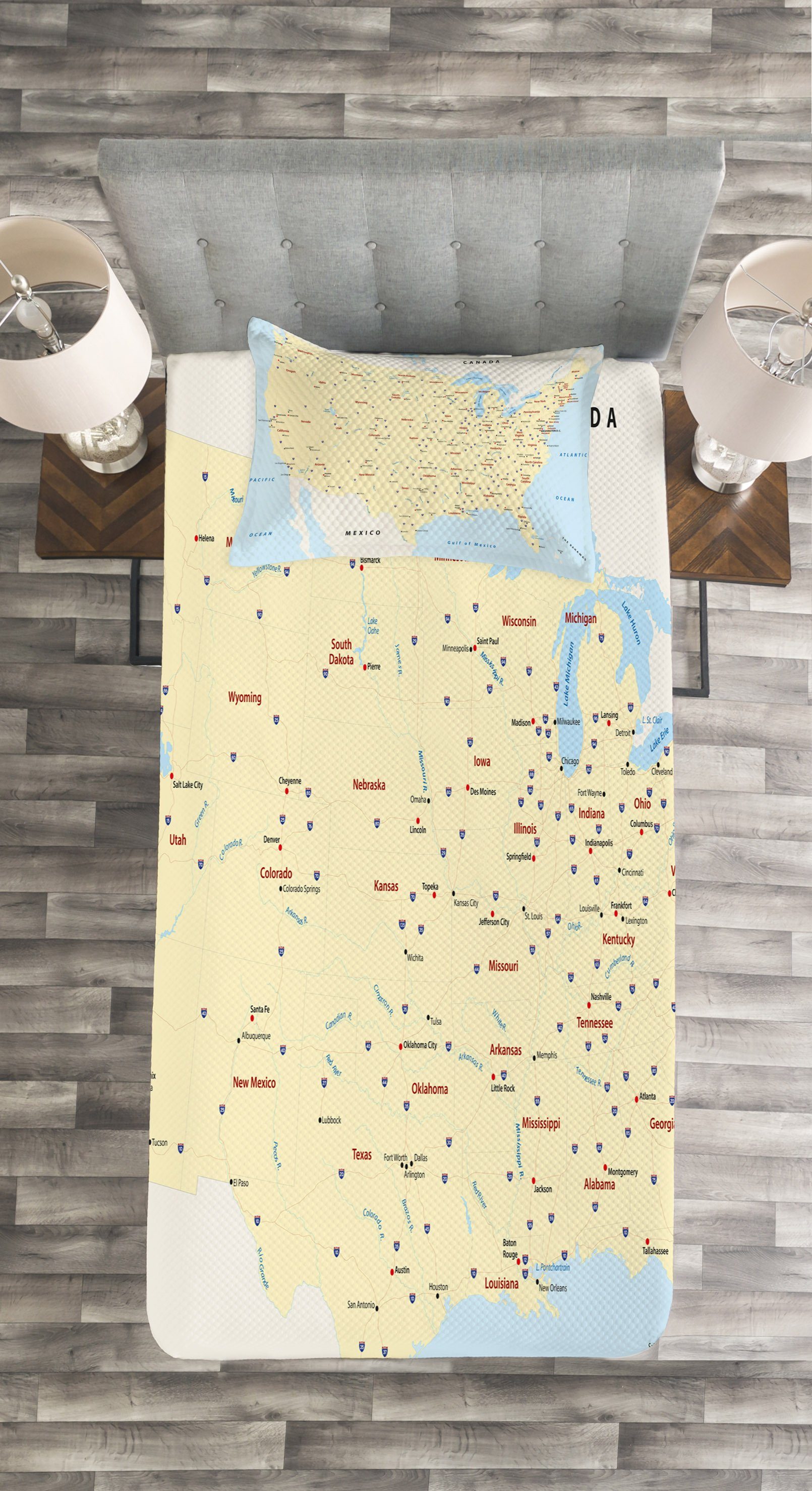 Karte mit Interstate Städte Set Kissenbezügen Abakuhaus, Tagesdecke Amerika Waschbar,