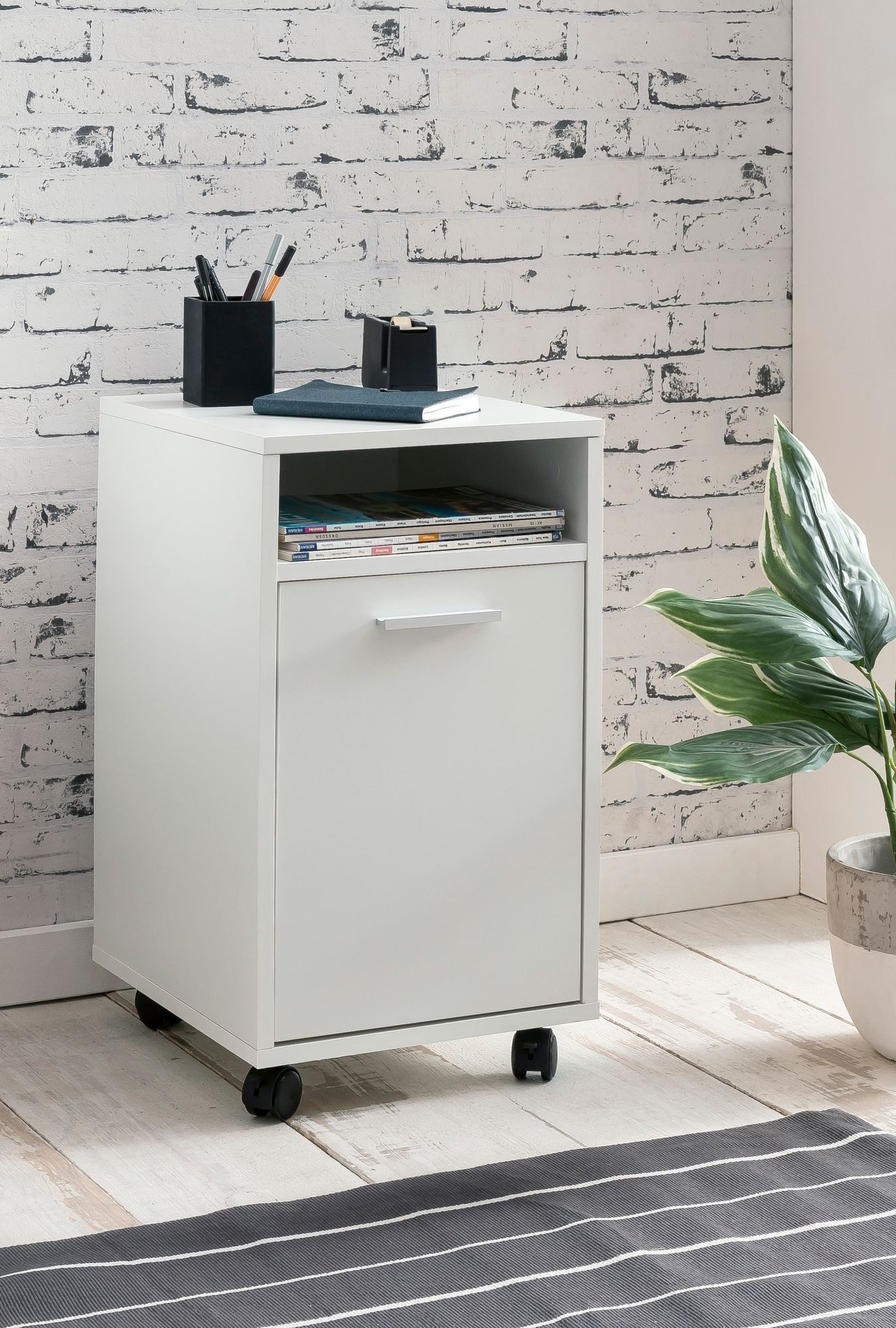 Wohnling Rollcontainer WL5.928 Weiß 33x60x38 Schreibtischcontainer Bürocontaine WL5.928, (Bürocontainer Weiß 33x60x38, Beistellcontainer), Moderner Schreibtischcontainer mit Rollen und Tür