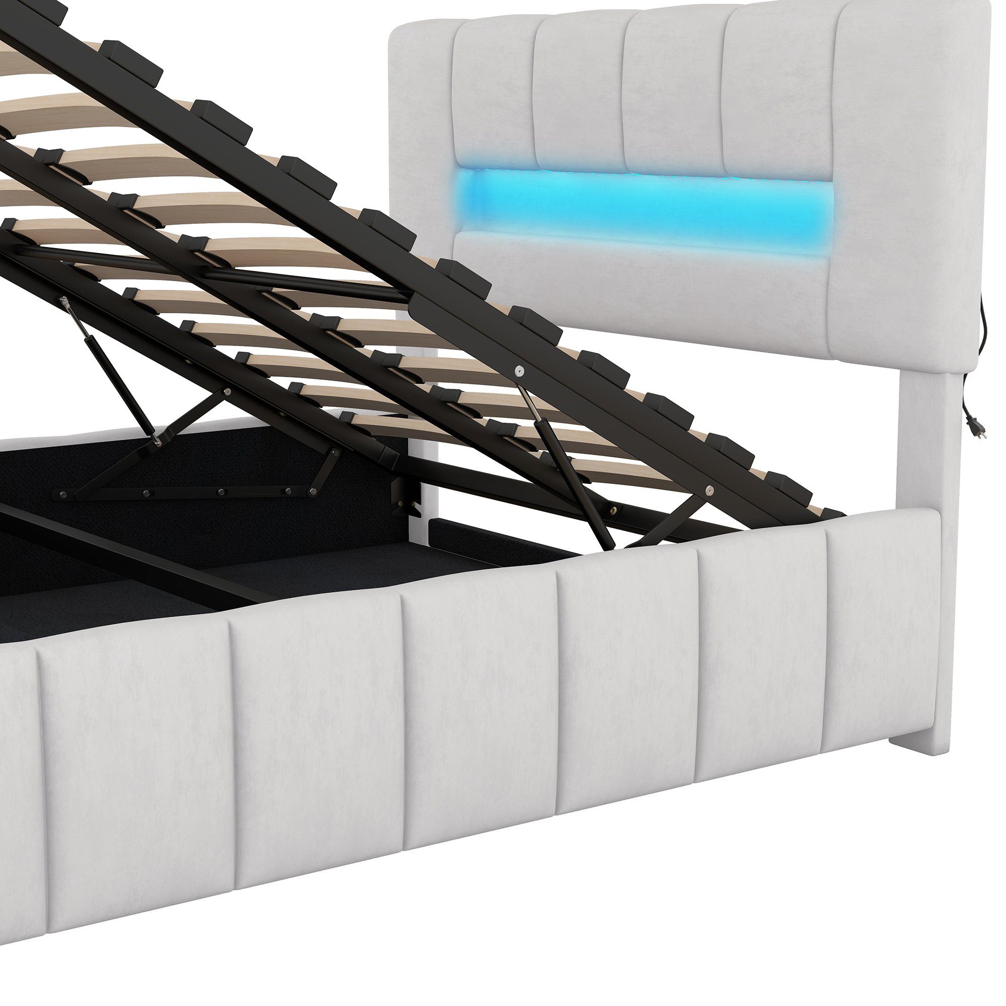 Merax Polsterbett Grau mit und cm | 140x200 mit LED Grau Stauraumbett Samtbezug, Doppelbett Lattenrost