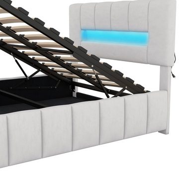 Merax Polsterbett mit LED und Lattenrost, Doppelbett 140x200 cm mit Samtbezug, Stauraumbett