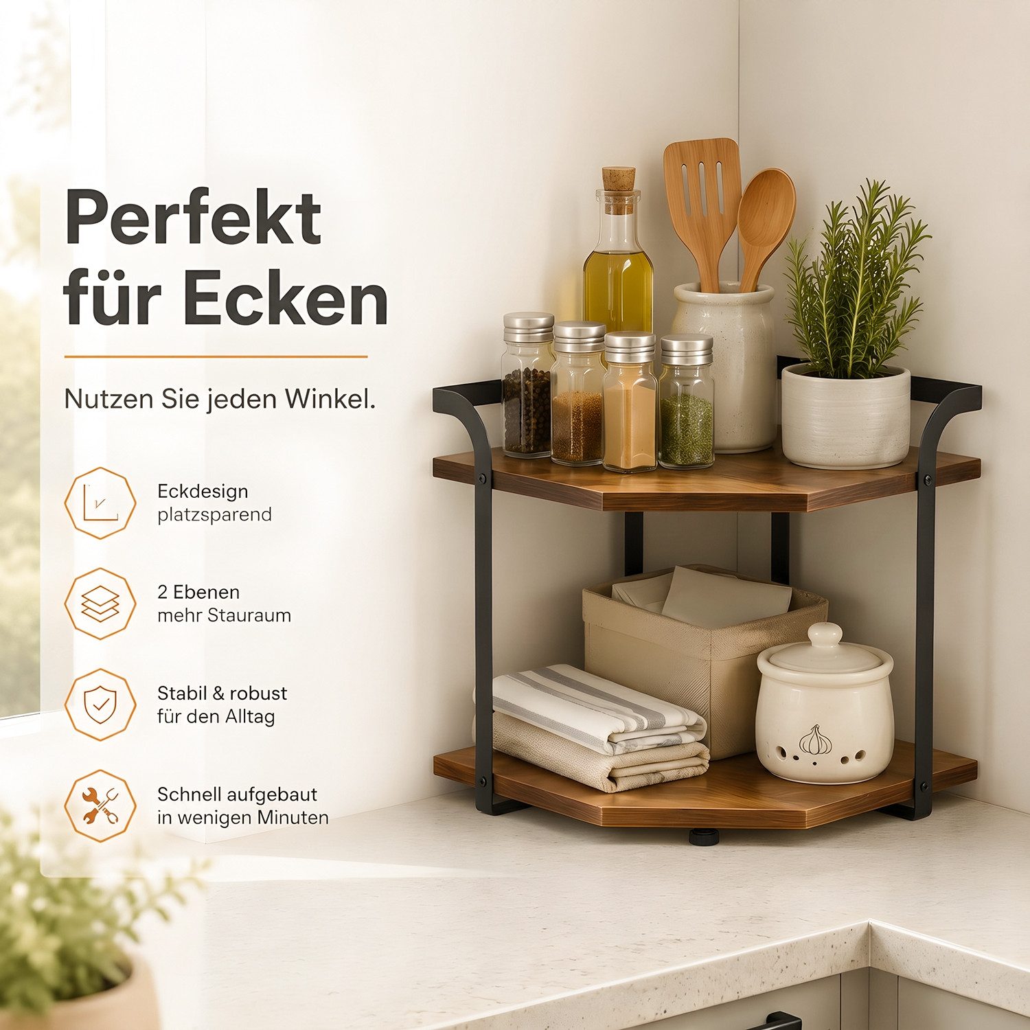 HEYHIPPO Küchenregal Eckregal 2 Ebenen 38×33×20 cm – Holzregal für Küche & Arbeitsplatte, Packung, Platzsparendes Eckregal– vielseitige Ablage für Gewürze & Tas – Bild 5 von 5