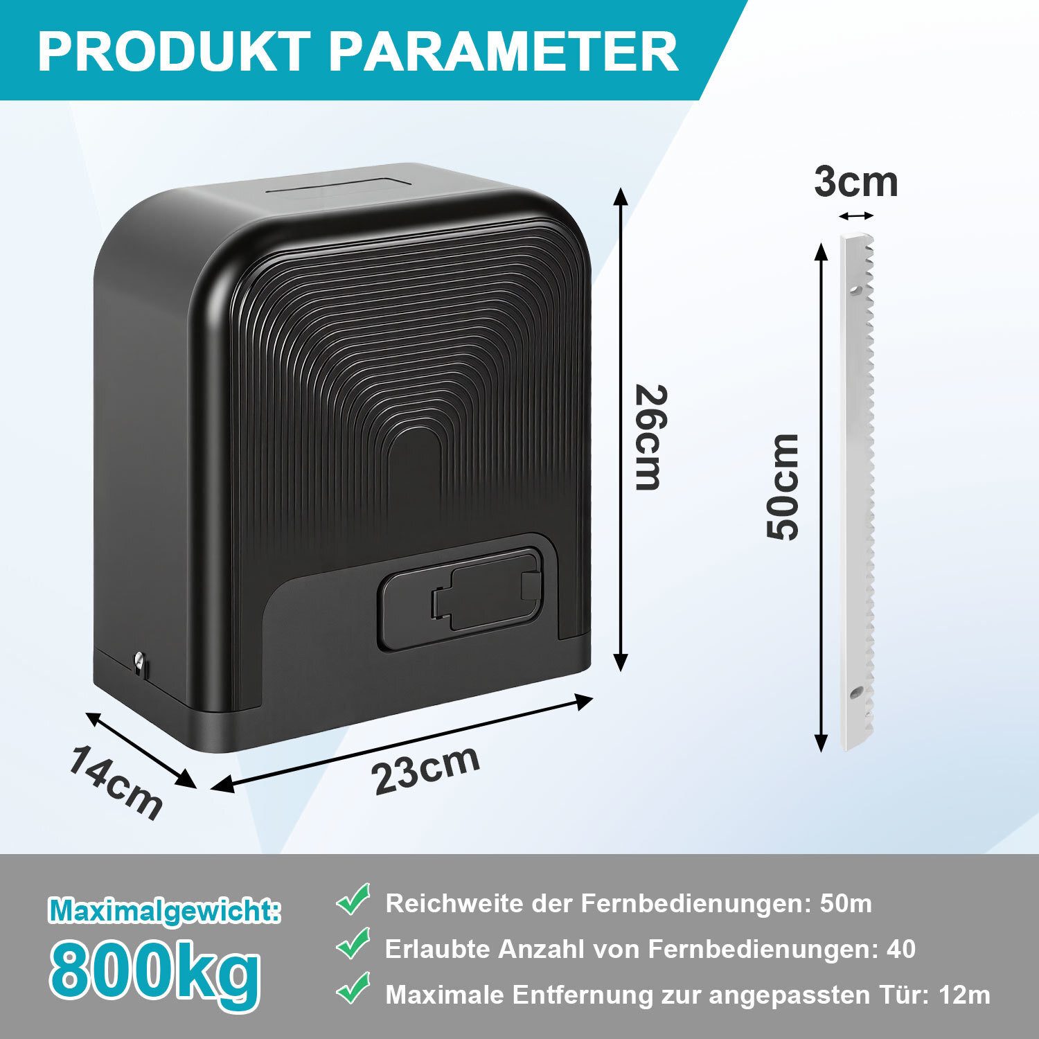 Clanmacy Schiebetorantrieb 370W Torantrieb Toröffner Motor Schiebetor APP Komplett-Set 800kg, mit Gleitschiene, (IP44 wasserdicht, mit 2 Schlüssel und 1 Fernbedienung), Betriebene Türen Eisenwaren