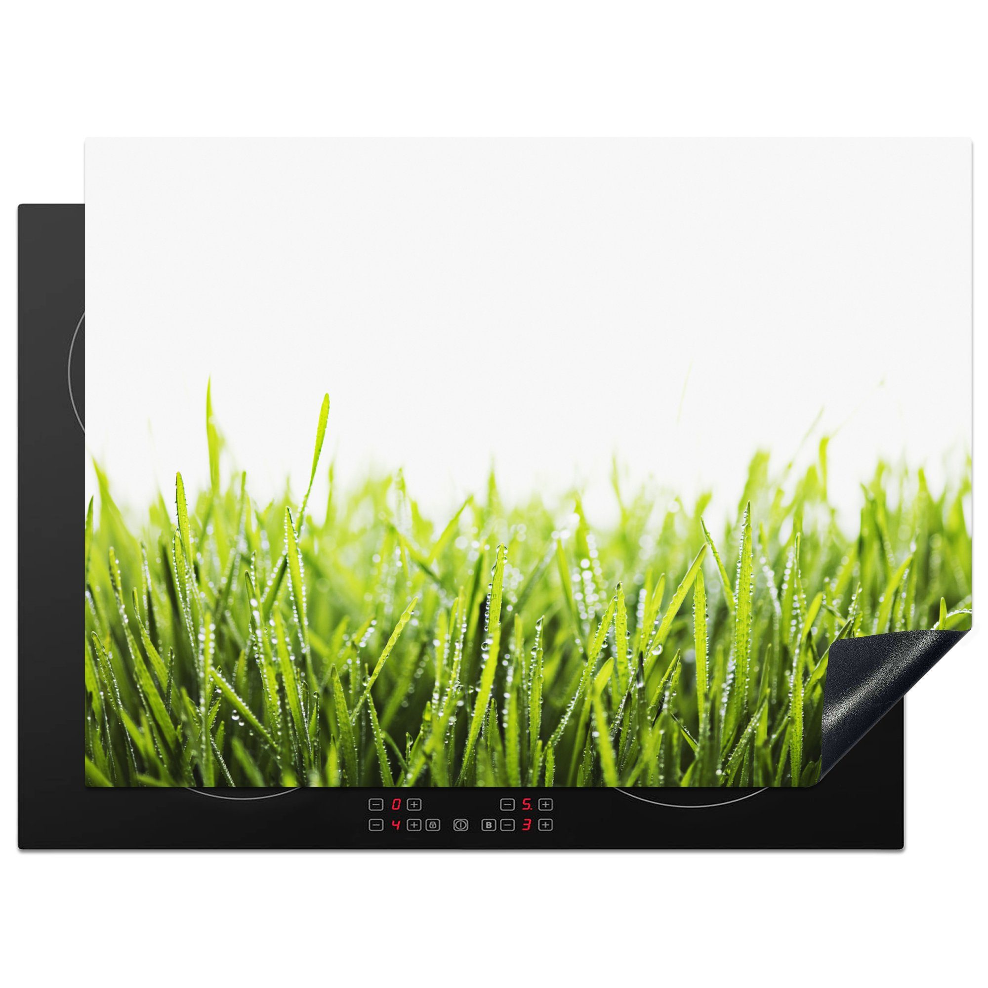 MuchoWow Herdblende-/Abdeckplatte Hellgrünes Gras, bedeckt mit frühem Tau, Vinyl, (1 tlg), 70x52 cm, Mobile Arbeitsfläche nutzbar, Ceranfeldabdeckung
