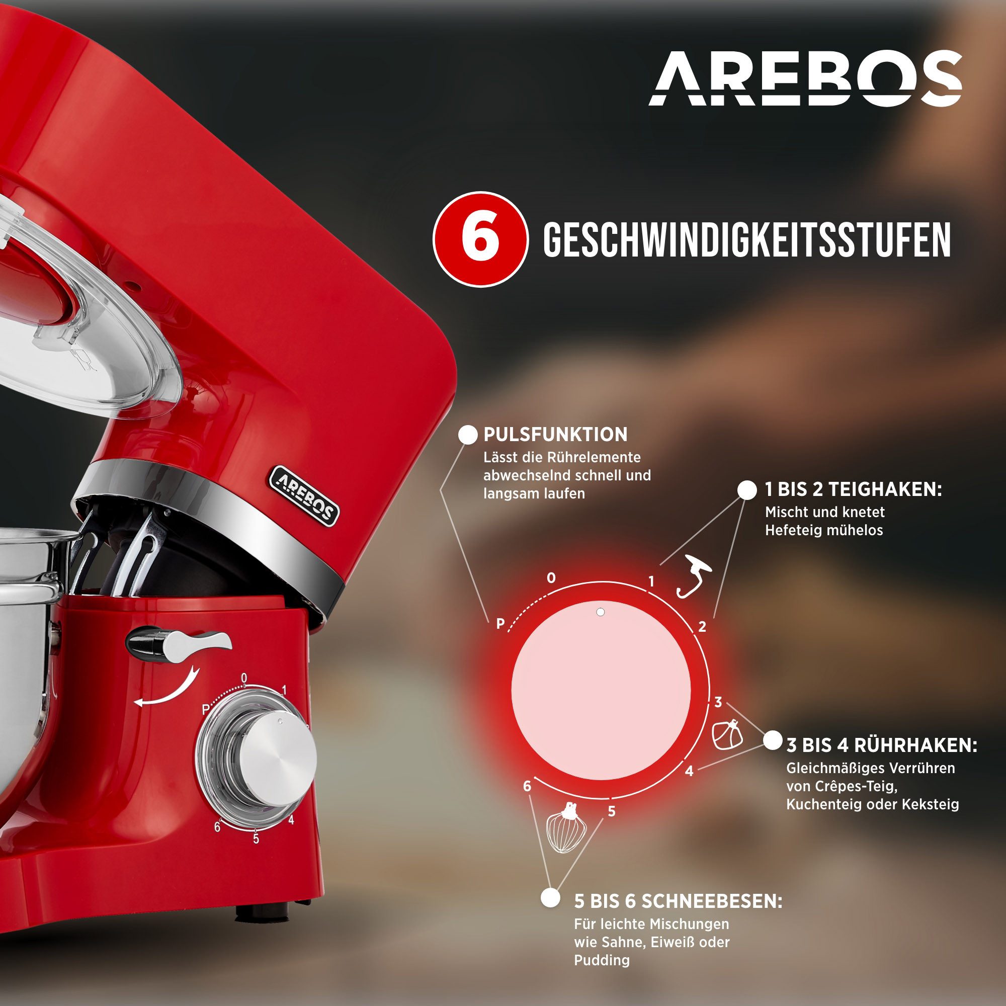 Arebos Küchenmaschine mit 2x Edelstahl-Rührschüsseln 4,5 & 5,5L, 1500 W, 5,50 l Schüssel, Küchenmixer mit Rührhaken, Knethaken, Schlagbesen und Spritzschutz