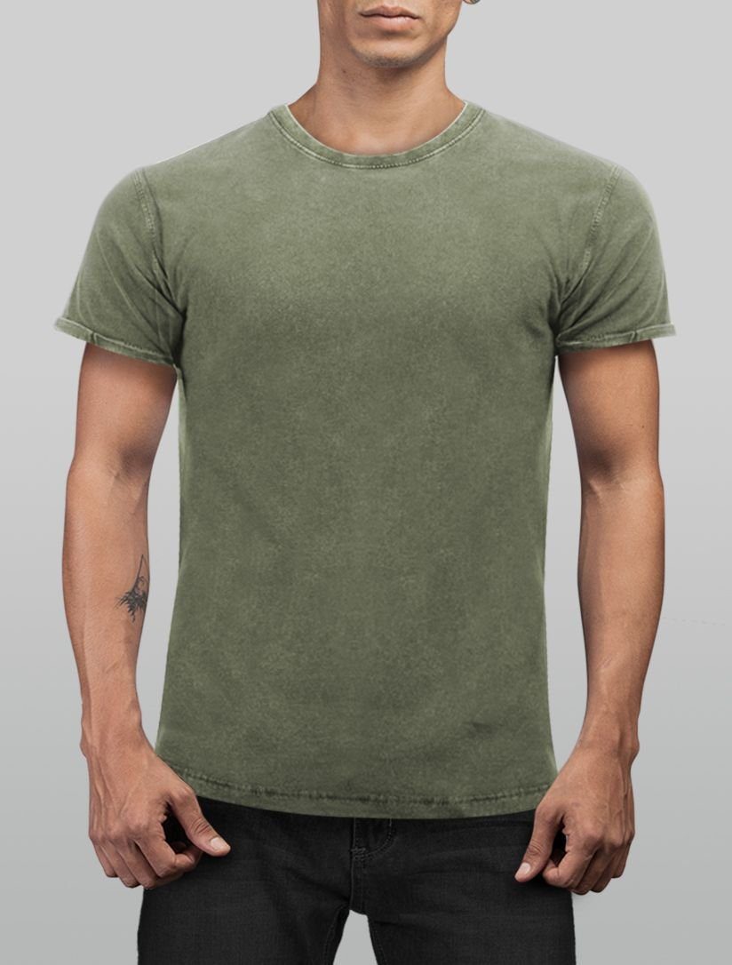 Neverless® Slim Vintage T-Shirt ohne Print-Shirt Herren Cooles Neverless oliv Print mit Angesagtes Fit Aufdruck Look Used Shirt Basic
