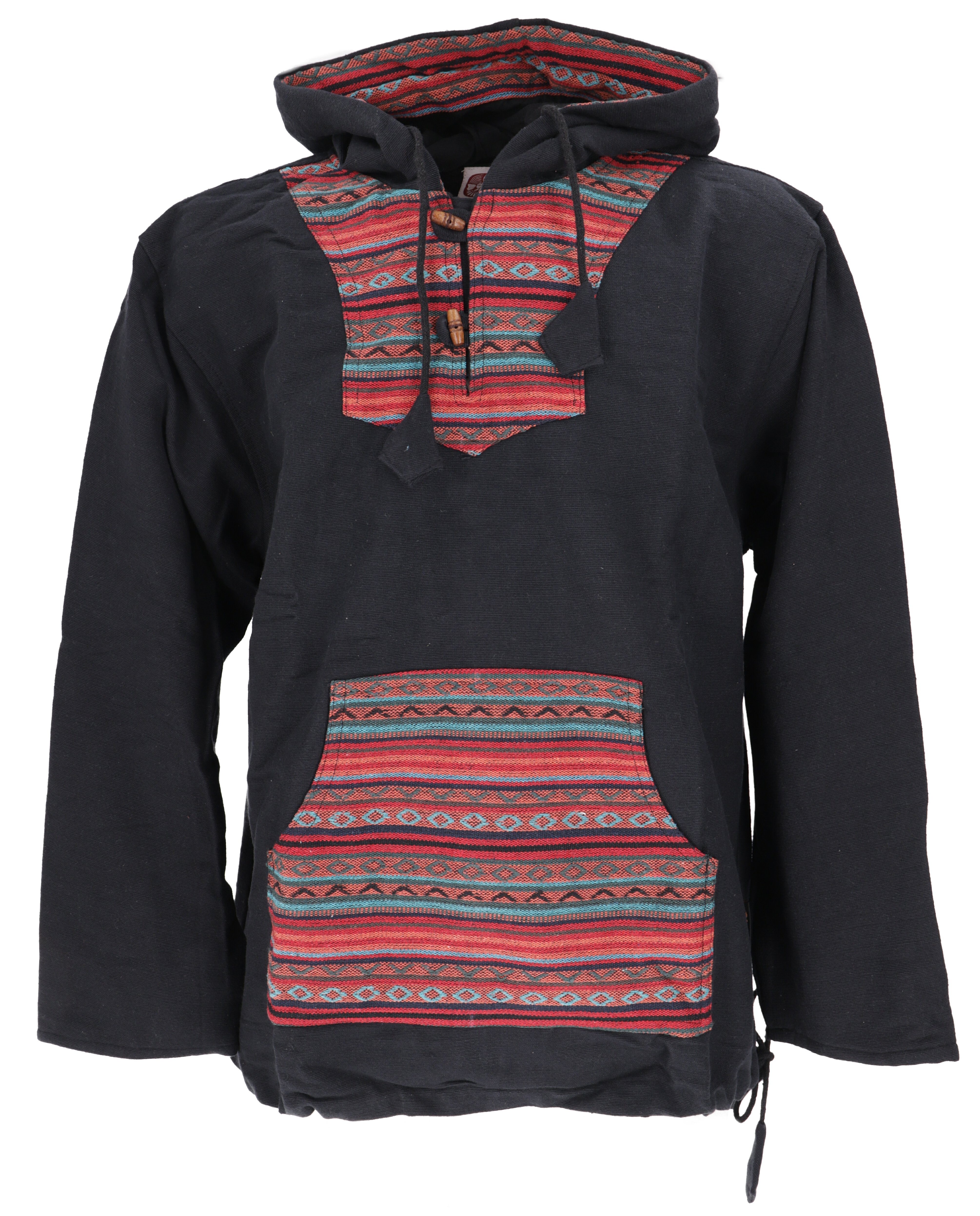 Guru-Shop Sweater Goa Kapuzenshirt, Baja Hoody - schwarz/bunt Hippie, Ethno Style, alternative Bekleidung