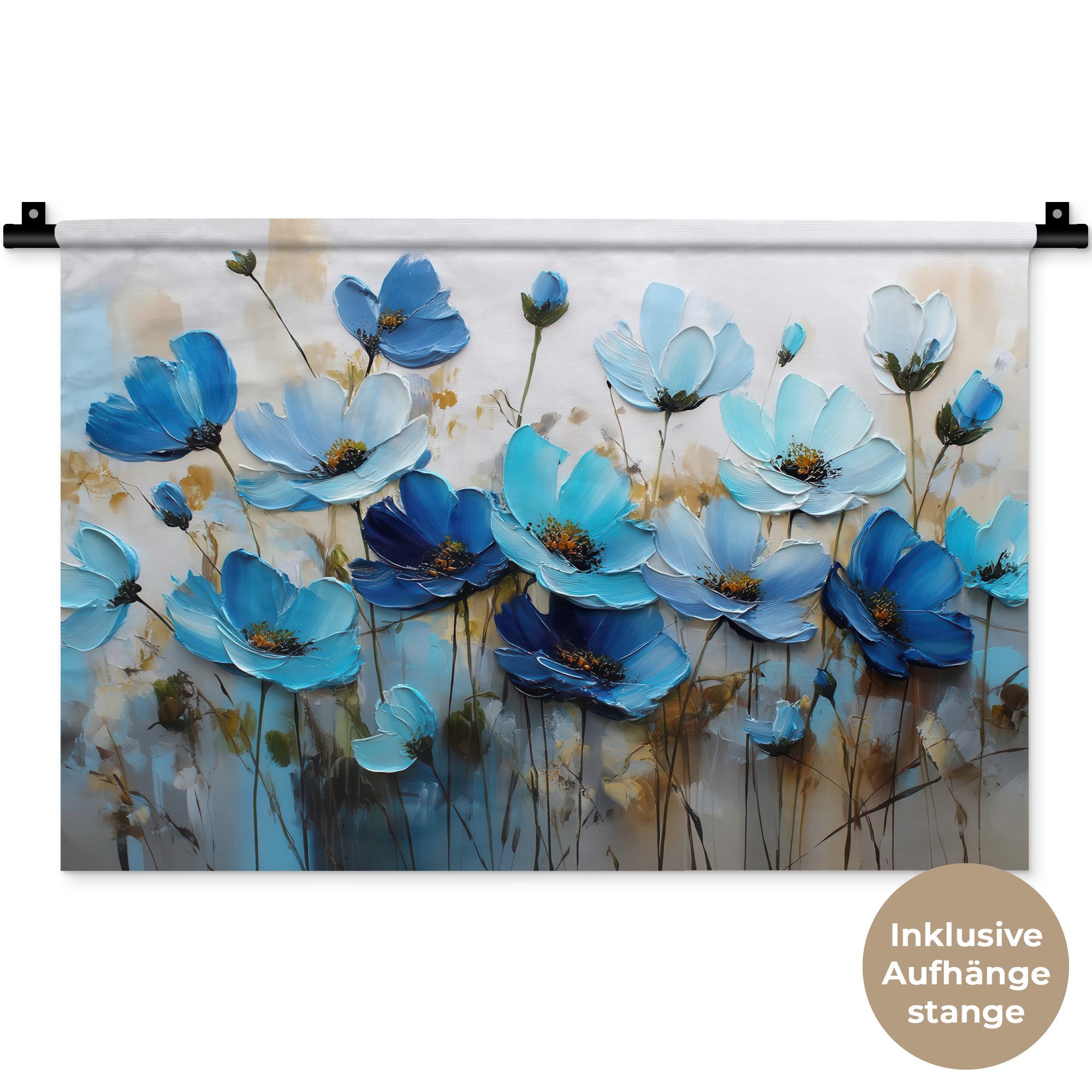 MuchoWow Wandteppich Blumen - Malerei - Blau, Rechteckig, Höhe: 3 mm, Wandteppich für Wohnzimmer, Schlafzimmer, 60x40 cm