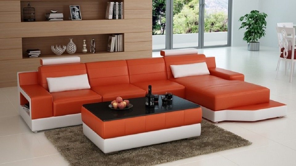JVmoebel Ecksofa, L Form Couchen Sofa Wohnlandschaft Exclusive Wohnzimmer Couch Poster Orange/Weiß