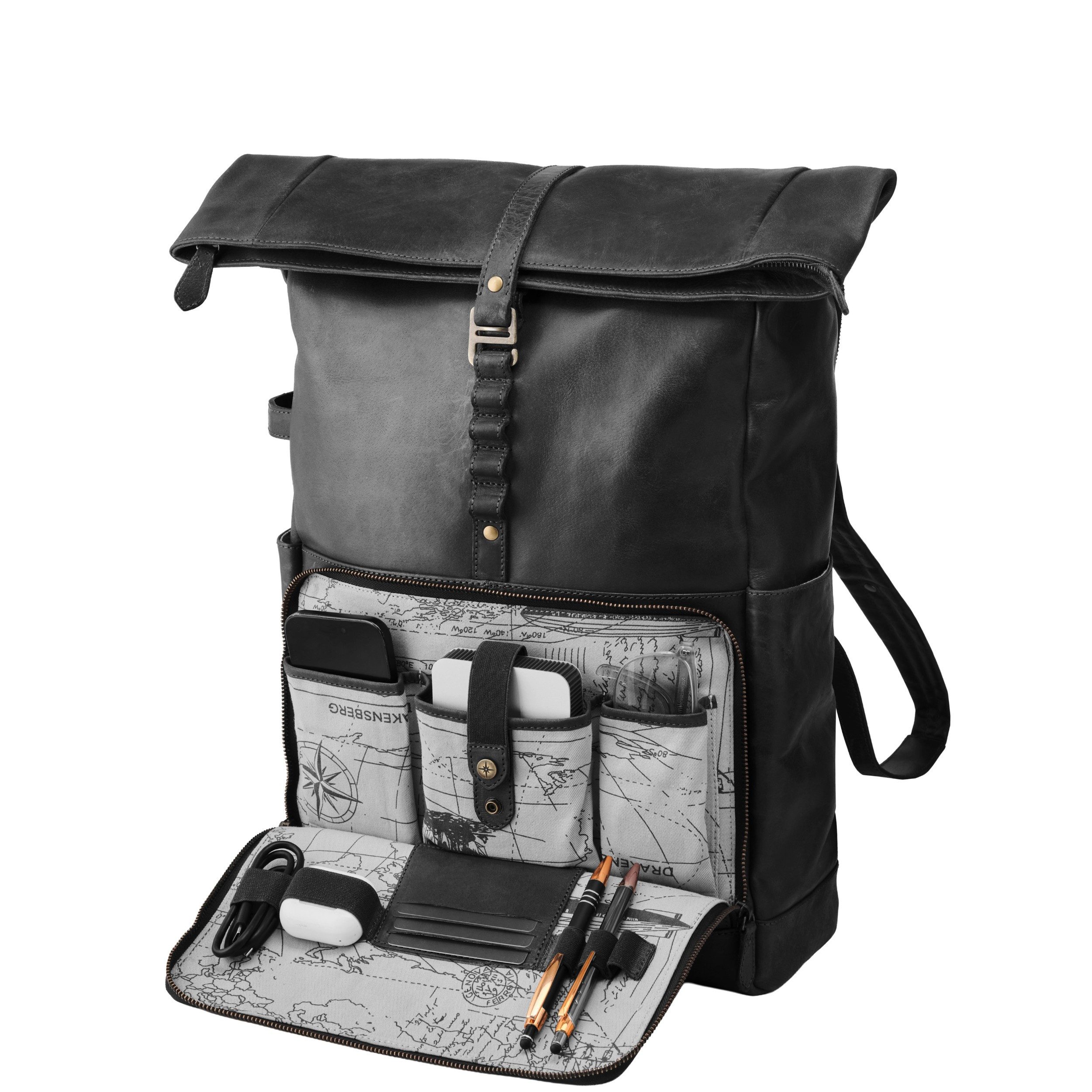 DRAKENSBERG Reiserucksack Roll-Top »Arthur« Vintage-Schwarz, 17" Laptoprucksack mit Technik-Organizer-Fach für Zubehör, Vintage