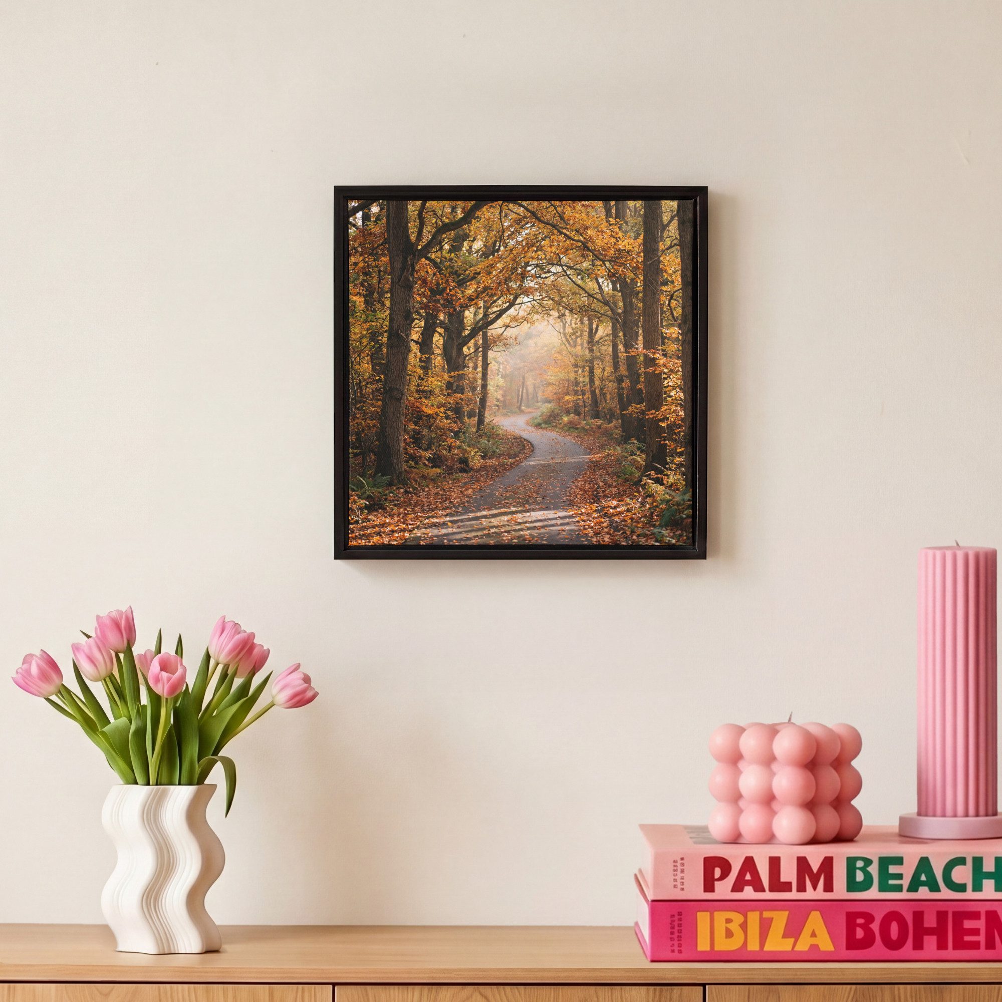 OneMillionCanvasses® Leinwandbild mit Rahmen - Waldweg - Herbstwald - Blätter - Orange - Nostalgisch, Fotodruck (1 St), Leinwand Bilder Klein, Wand Dekoration A – Bild 4 von 5